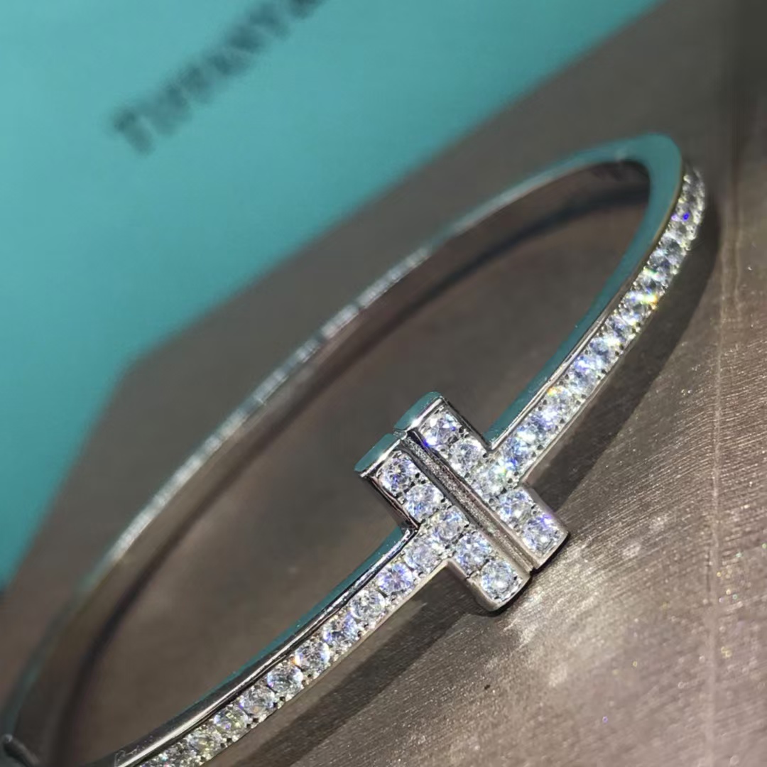 Tiffany Full Diamond Paved Double T Bangle Bracelet - Best Replica Jewelry™