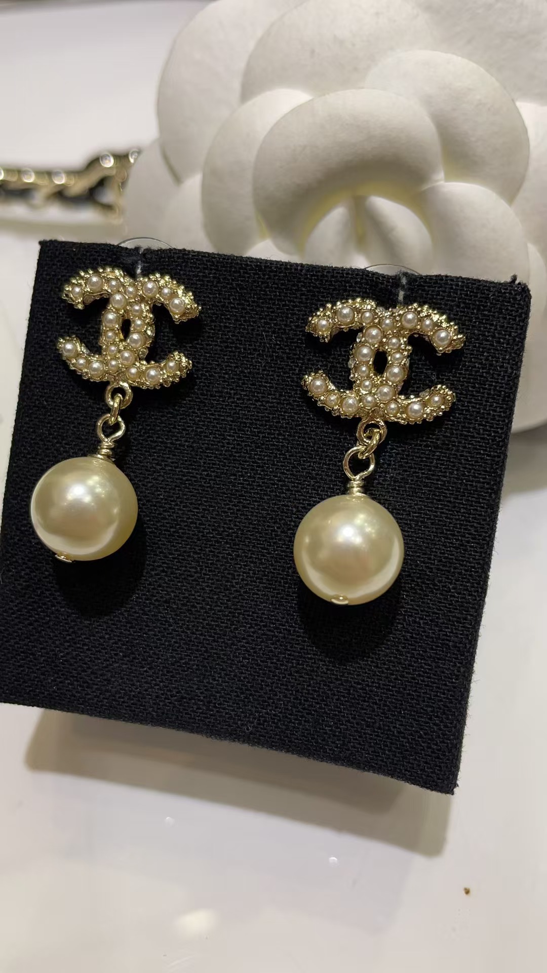 Chanel Double C with Pearl Drop Earrings - Best Replica Jewelry™