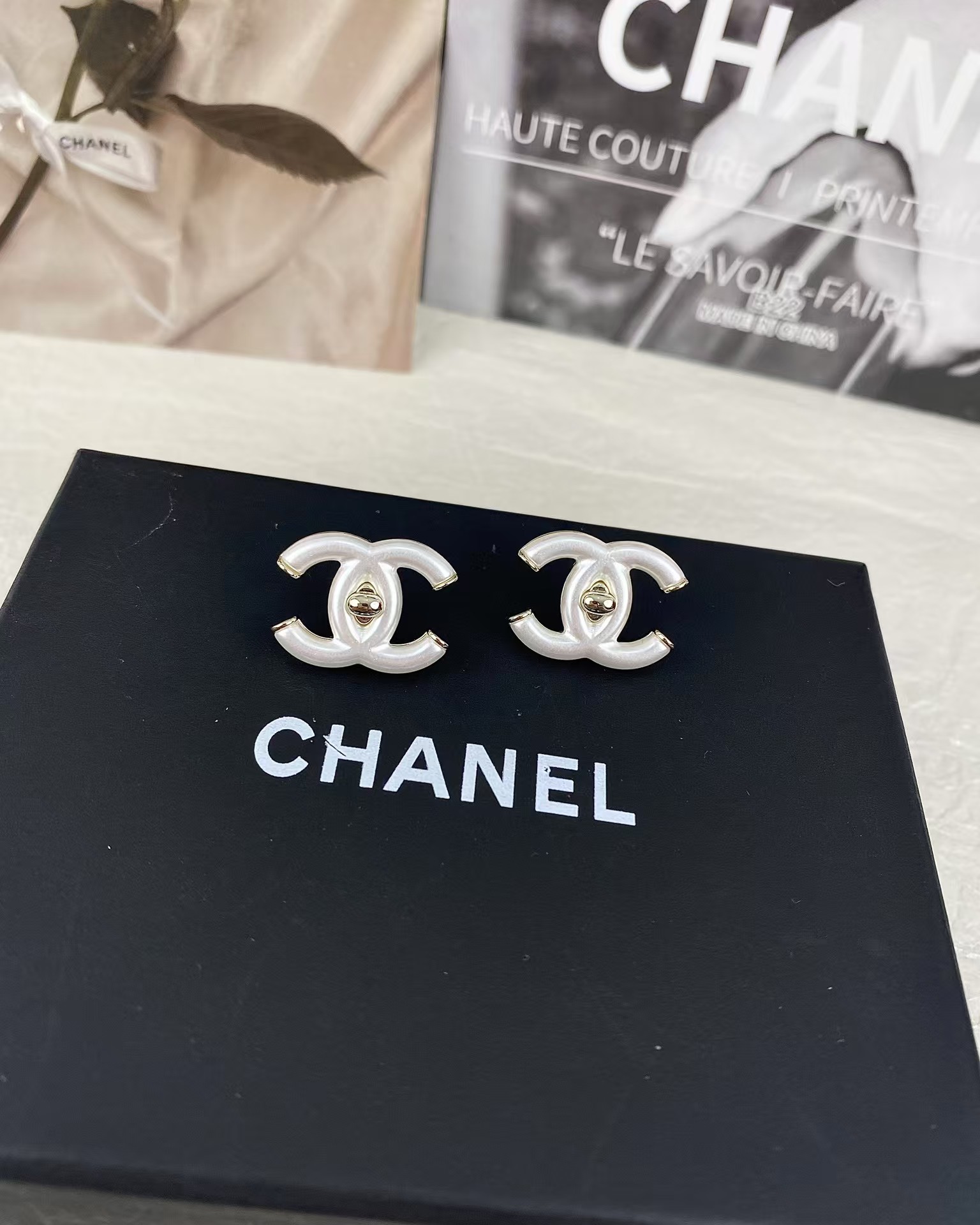 Chanel White Double C Stud Earrings - Best Replica Jewelry™