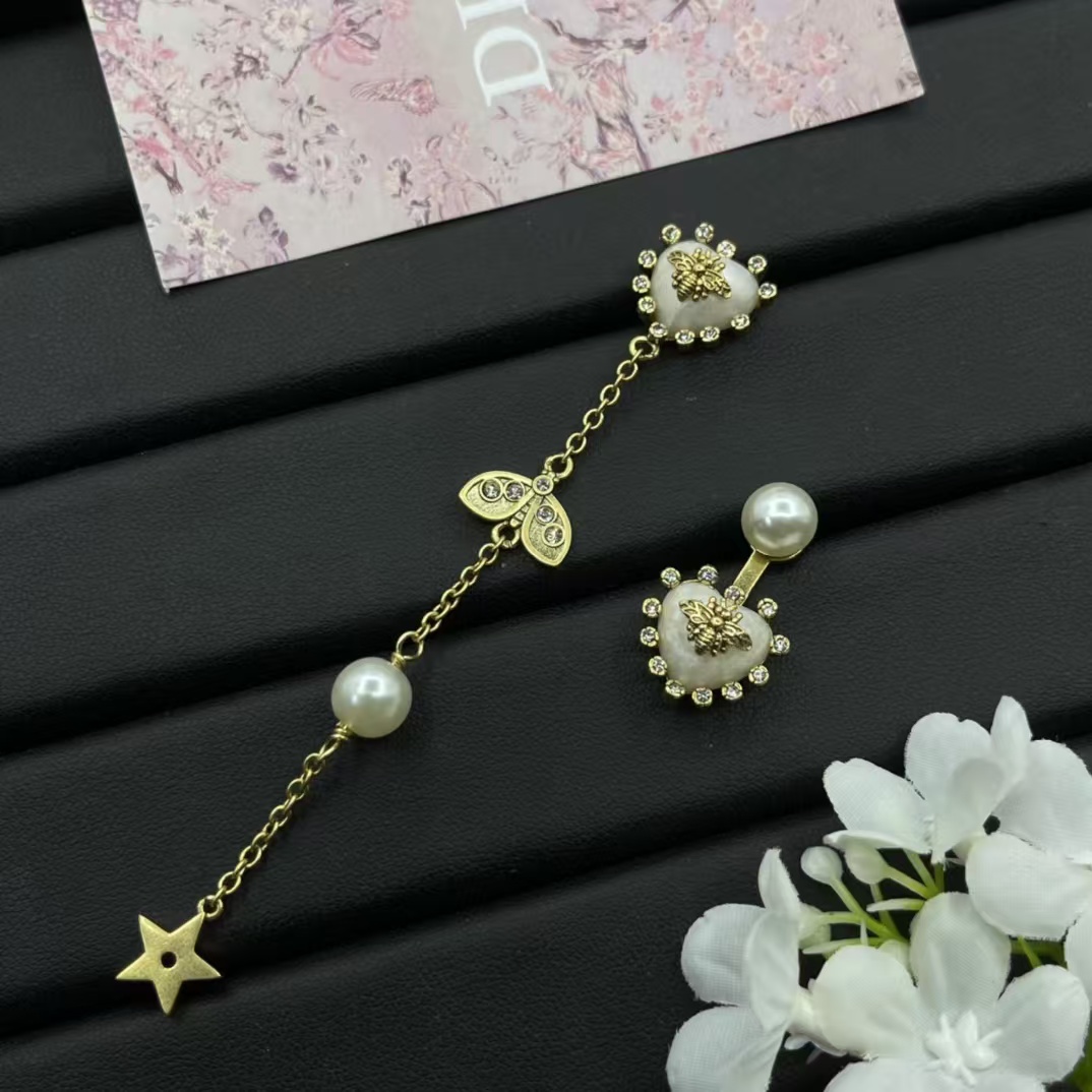 Dior Asymmetric Bee Heart Stud Long Drop Star Earrings - Best Replica Jewelry™