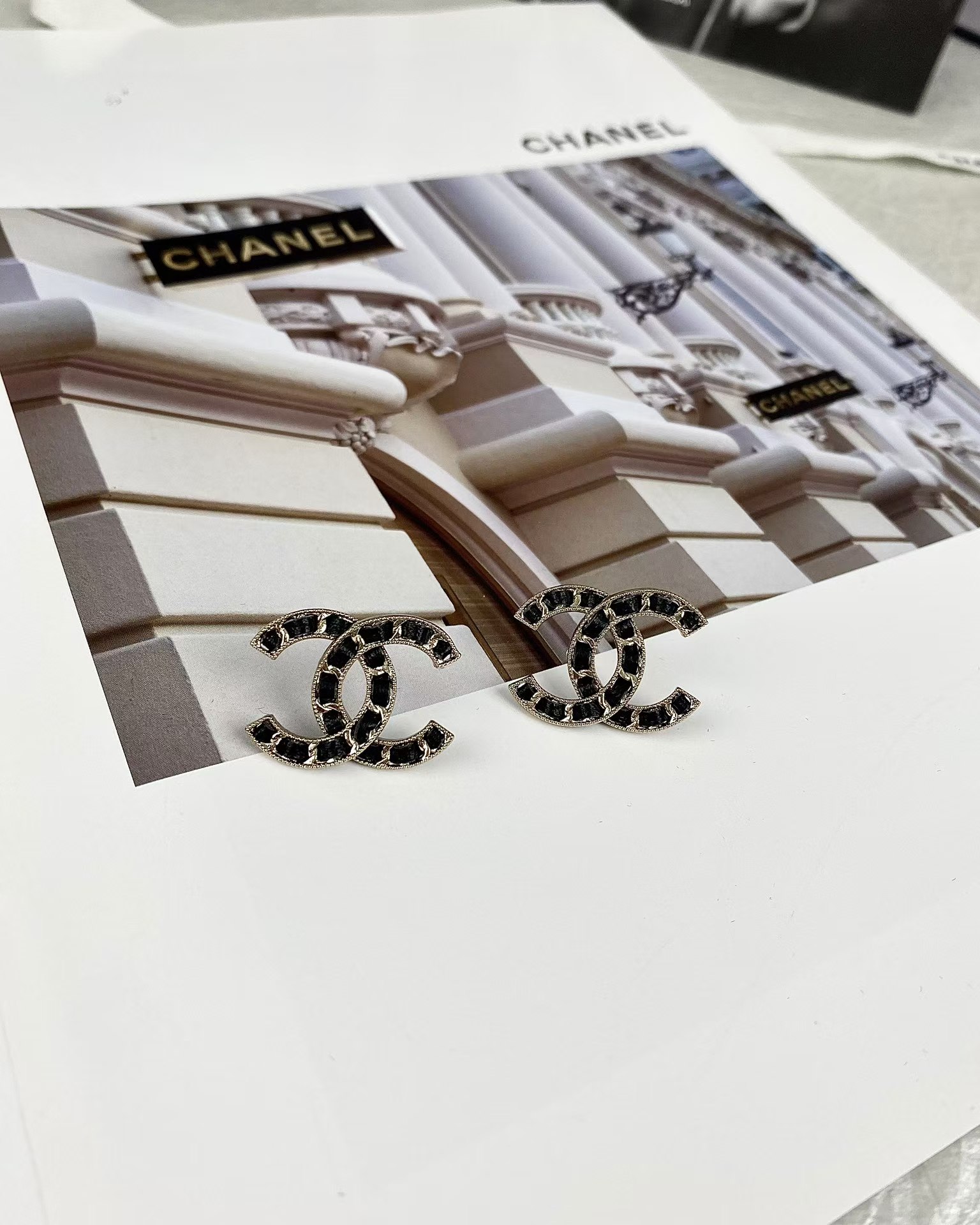 Chanel Light Gold & Black Leather Double C Earrings - Best Replica Jewelry™