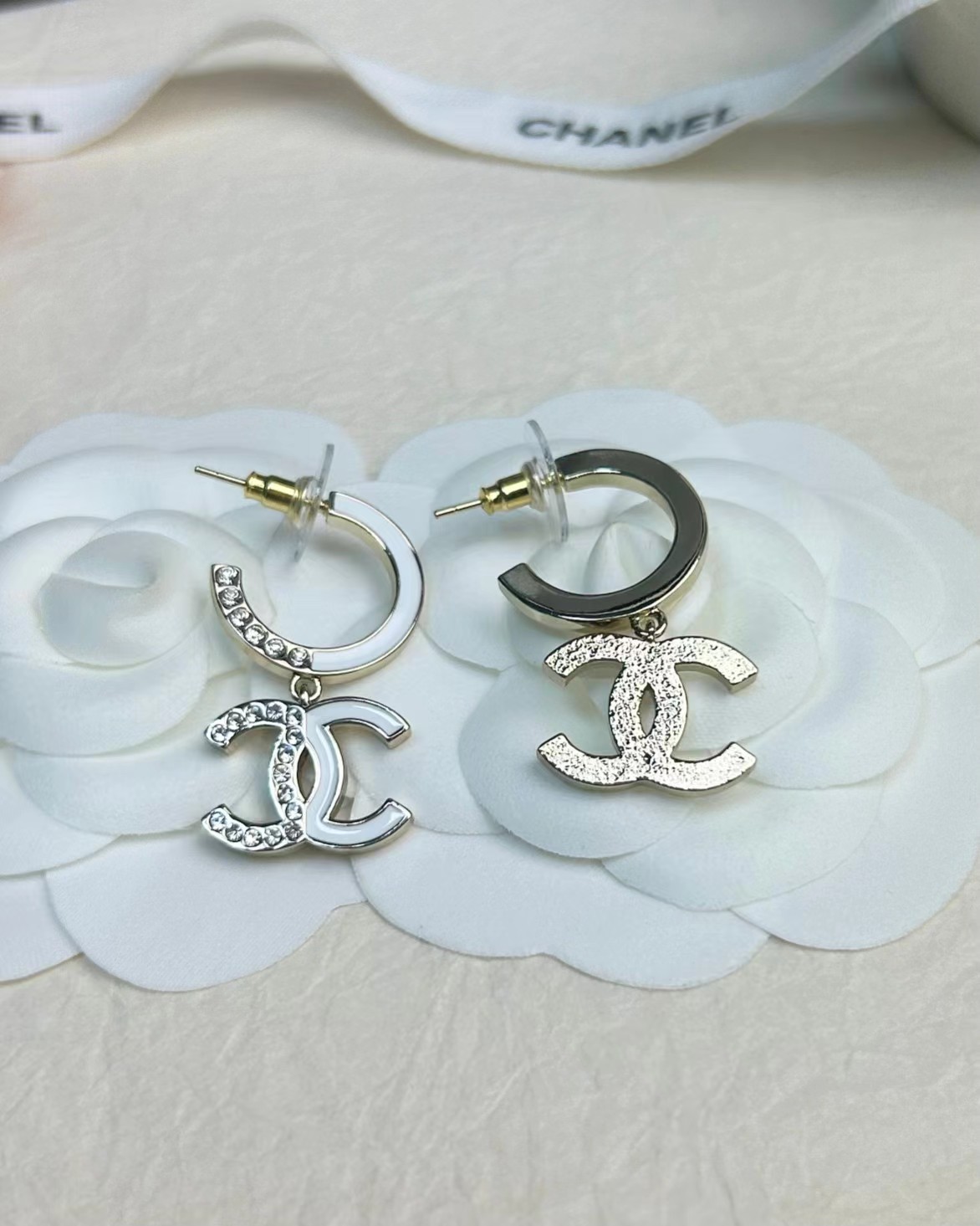 Chanel Half Enamel Half Diamond Double C Earrings - Best Replica Jewelry™