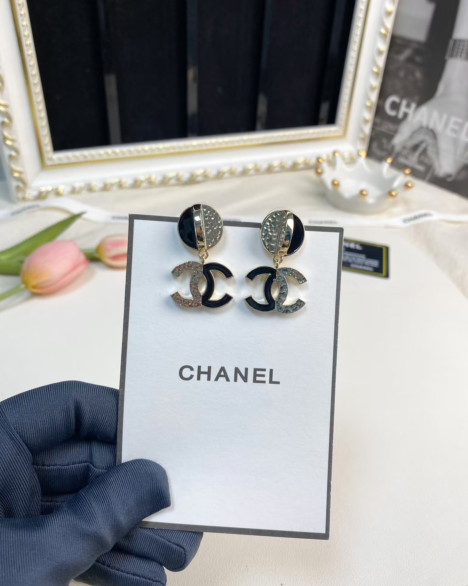 Chanel Half Black Enamel Double C Dangle Earrings - Best Replica Jewelry™