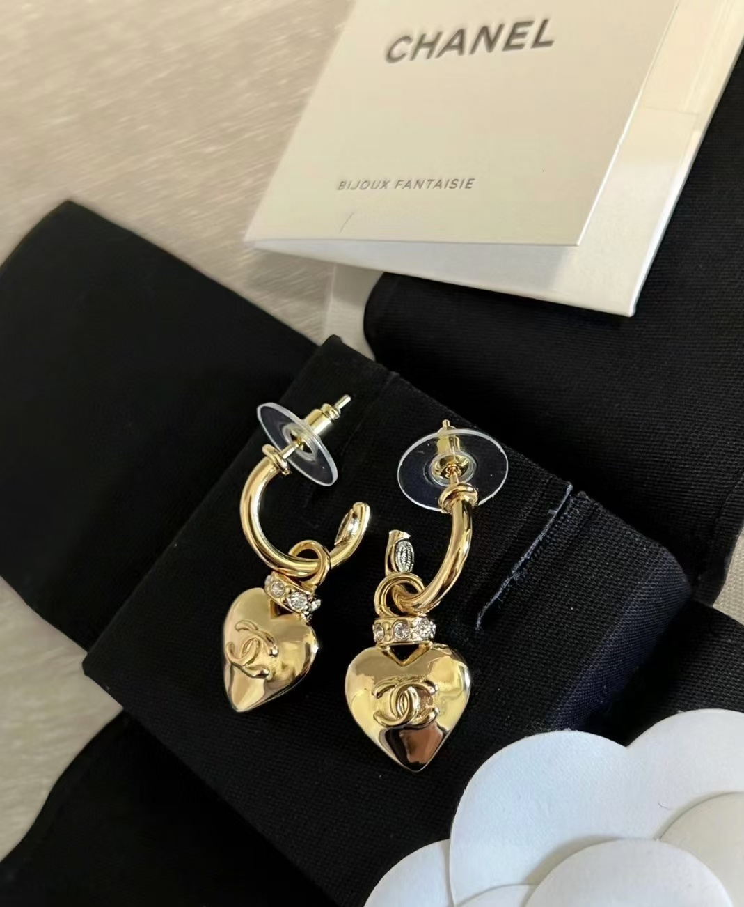 Chanel Gold Hoop with Heart Dangle Earrings - Best Replica Jewelry™