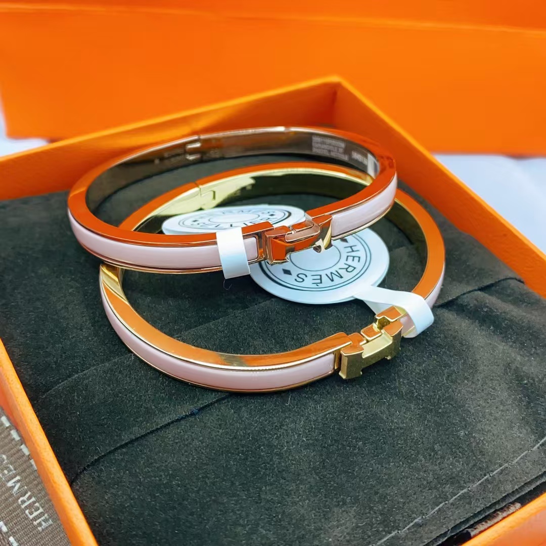 Hermes H Pink Enamel Bangle Bracelet - Best Replica Jewelry™