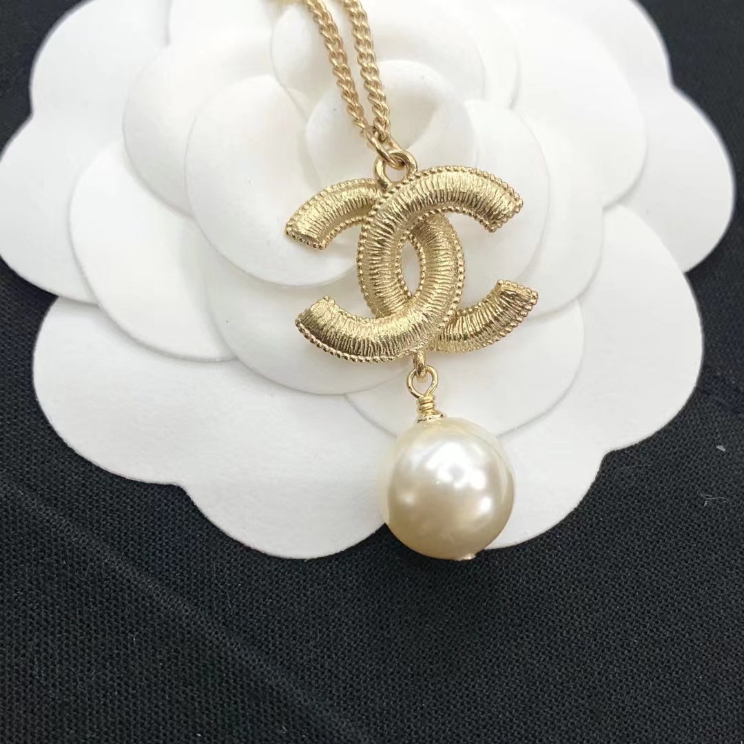 Chanel Sweater Double C Pearl Dangle Necklace - Best Replica Jewelry™