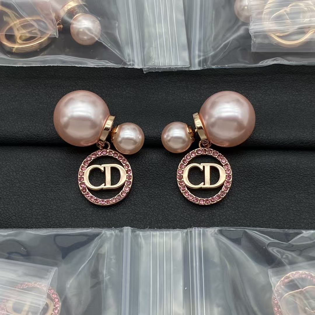 Dior Rose Gold CD Dangle Pink Pearl Earrings - Best Replica Jewelry™