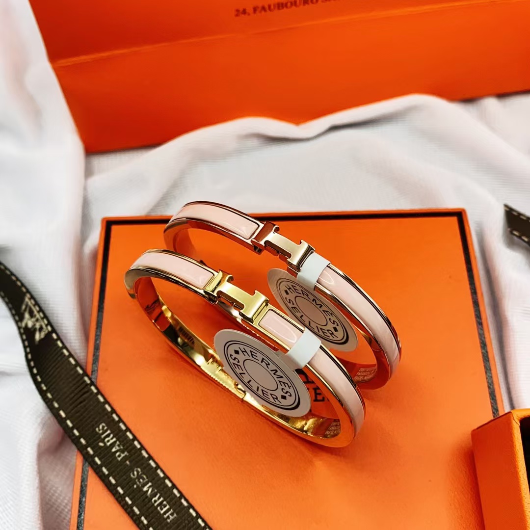 Hermes H Pink Enamel Bangle Bracelet - Best Replica Jewelry™