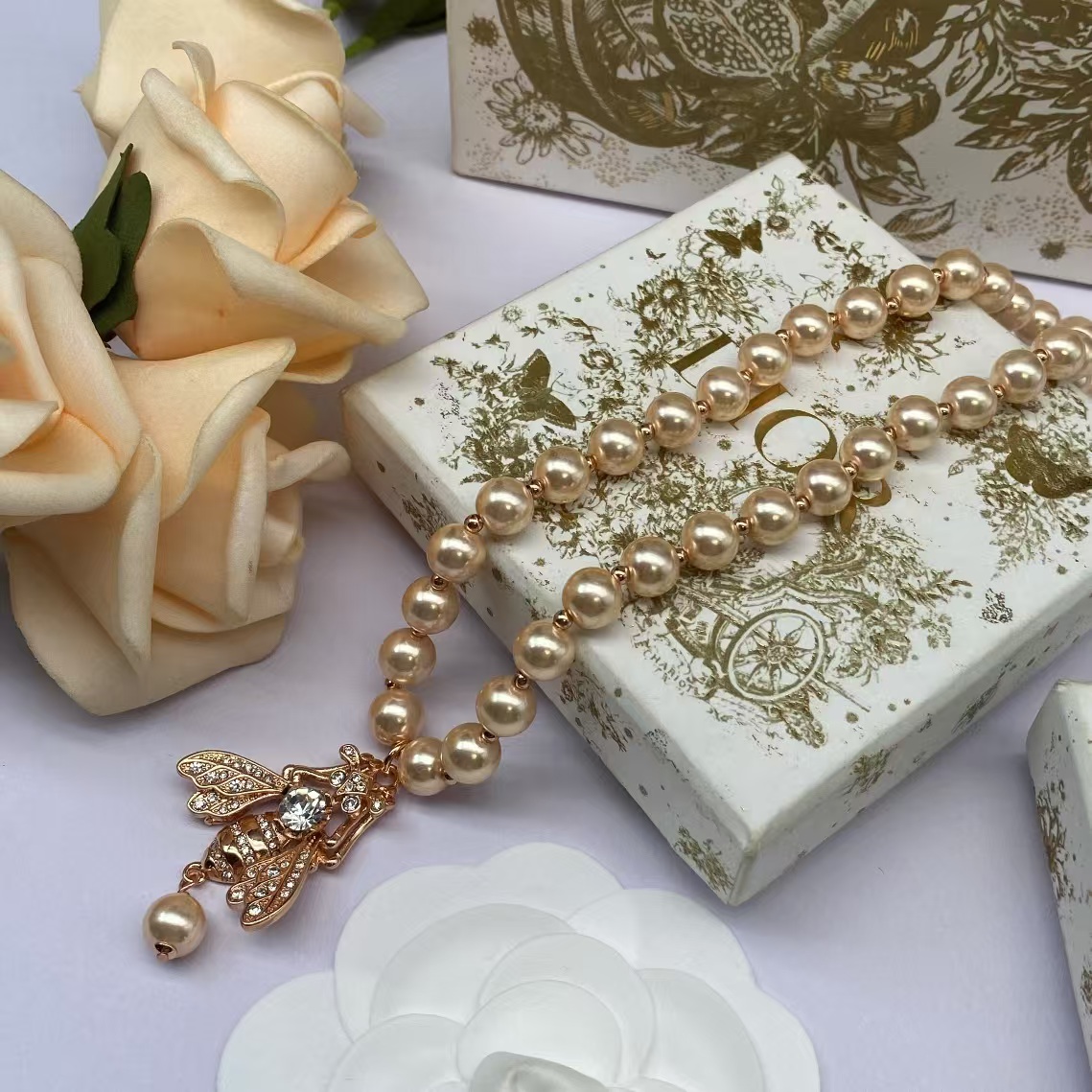 Dior Bee Pendant Rose Gold Pearl Necklace Bracelet - Best Replica Jewelry™