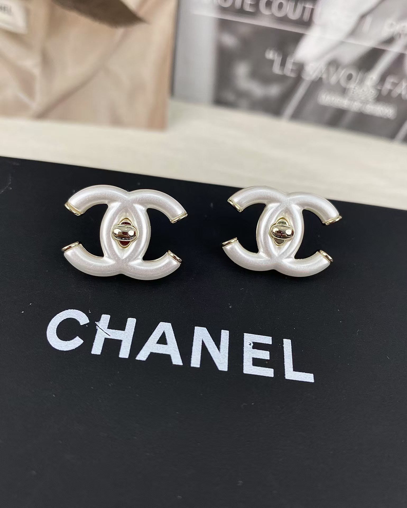 Chanel White Double C Stud Earrings - Best Replica Jewelry™