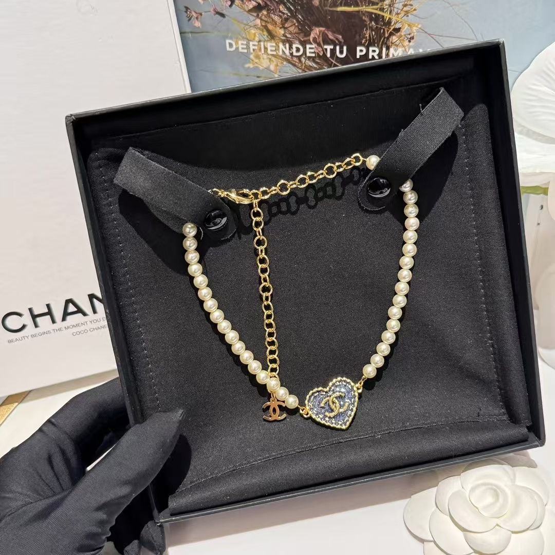 Chanel Denim Heart Pendant Pearl Choker Necklace - Best Replica Jewelry™