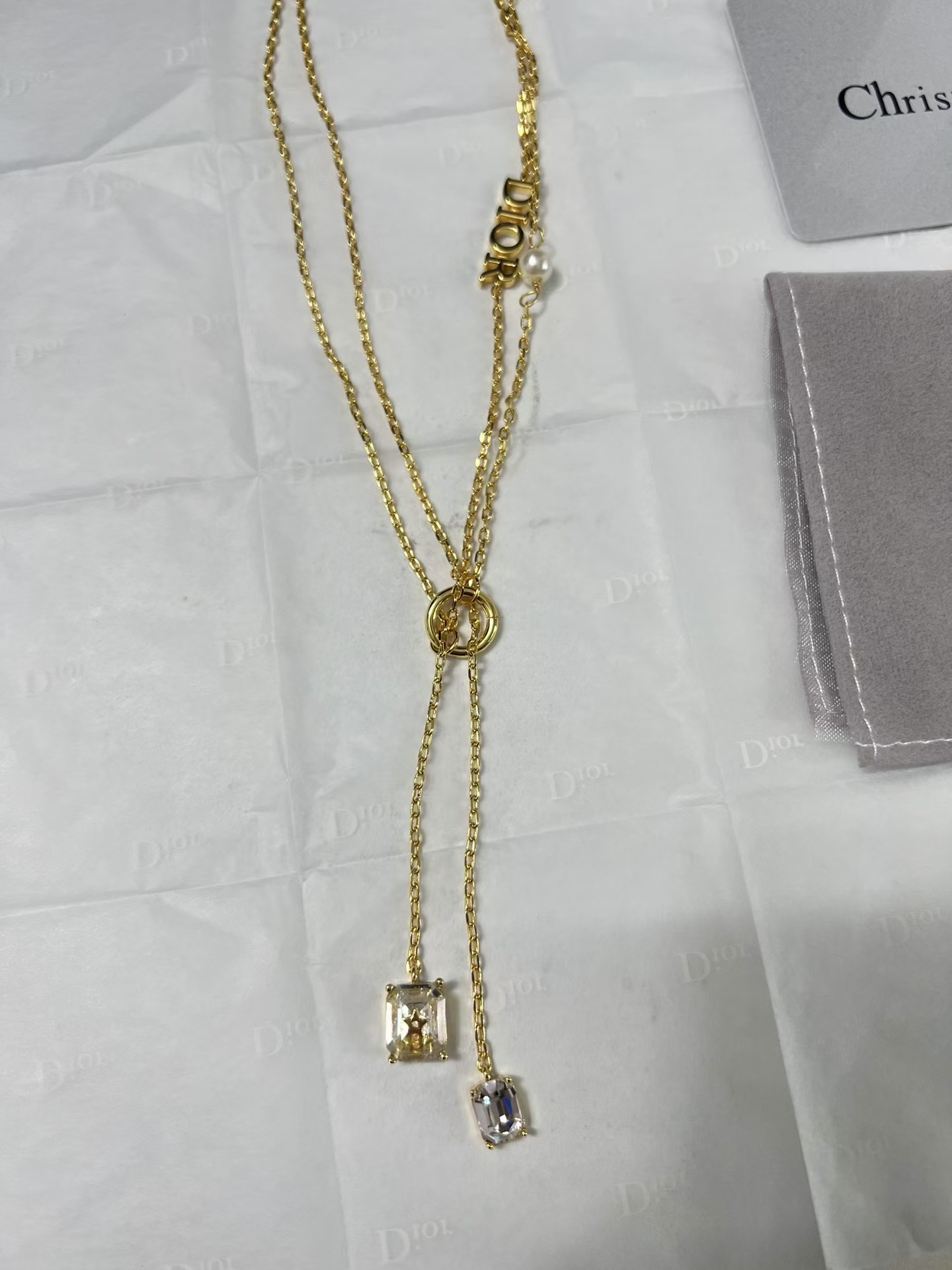 Dior Two Layered Two String Diamond Pendant Drop Y Necklace - Best Replica Jewelry™