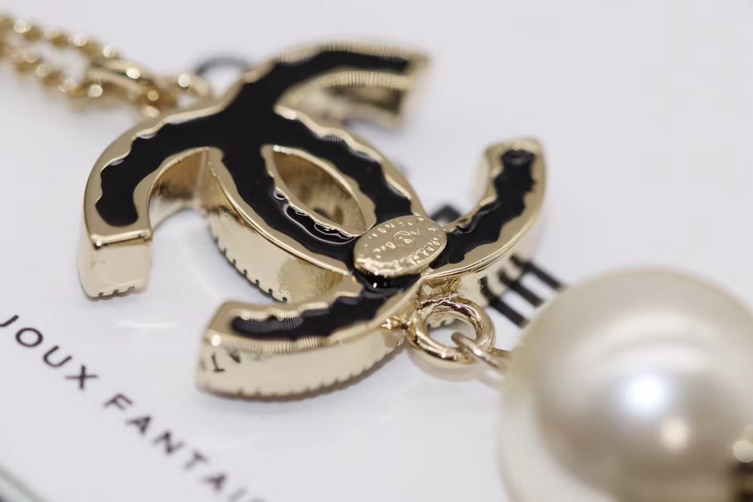 Chanel Black Double C Pearl Drop Pendant Necklace - Best Replica Jewelry™