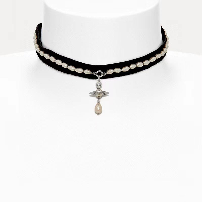 Vivienne Westwood Ribbon Saturn with Teardrop Pearl Pendant Necklace - Best Replica Jewelry™