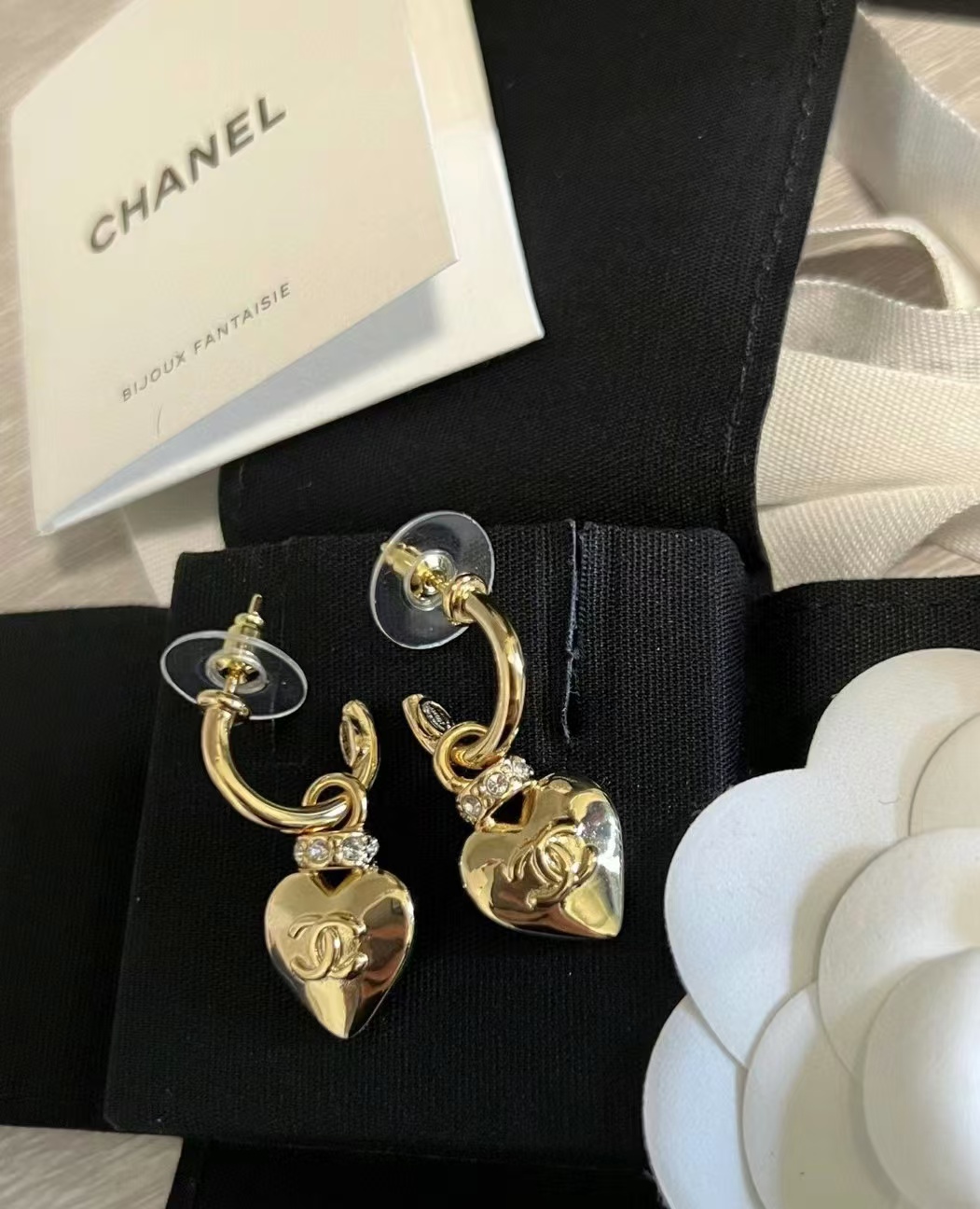 Chanel Gold Hoop with Heart Dangle Earrings - Best Replica Jewelry™