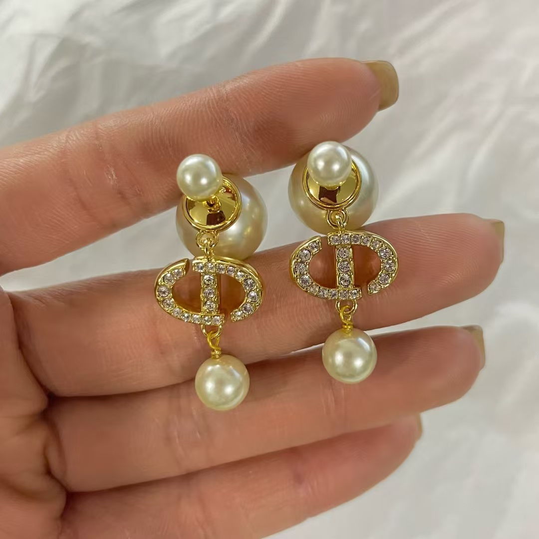 Dior Diamond CD Pearl Drop Earrings - Best Replica Jewelry™