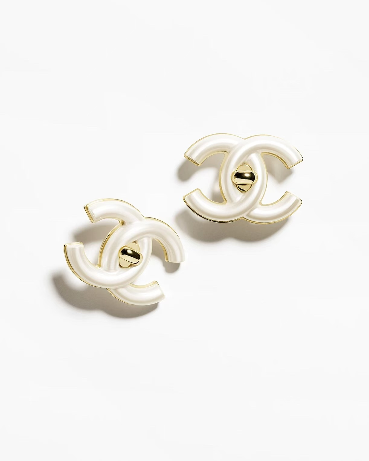 Chanel White Double C Stud Earrings - Best Replica Jewelry™