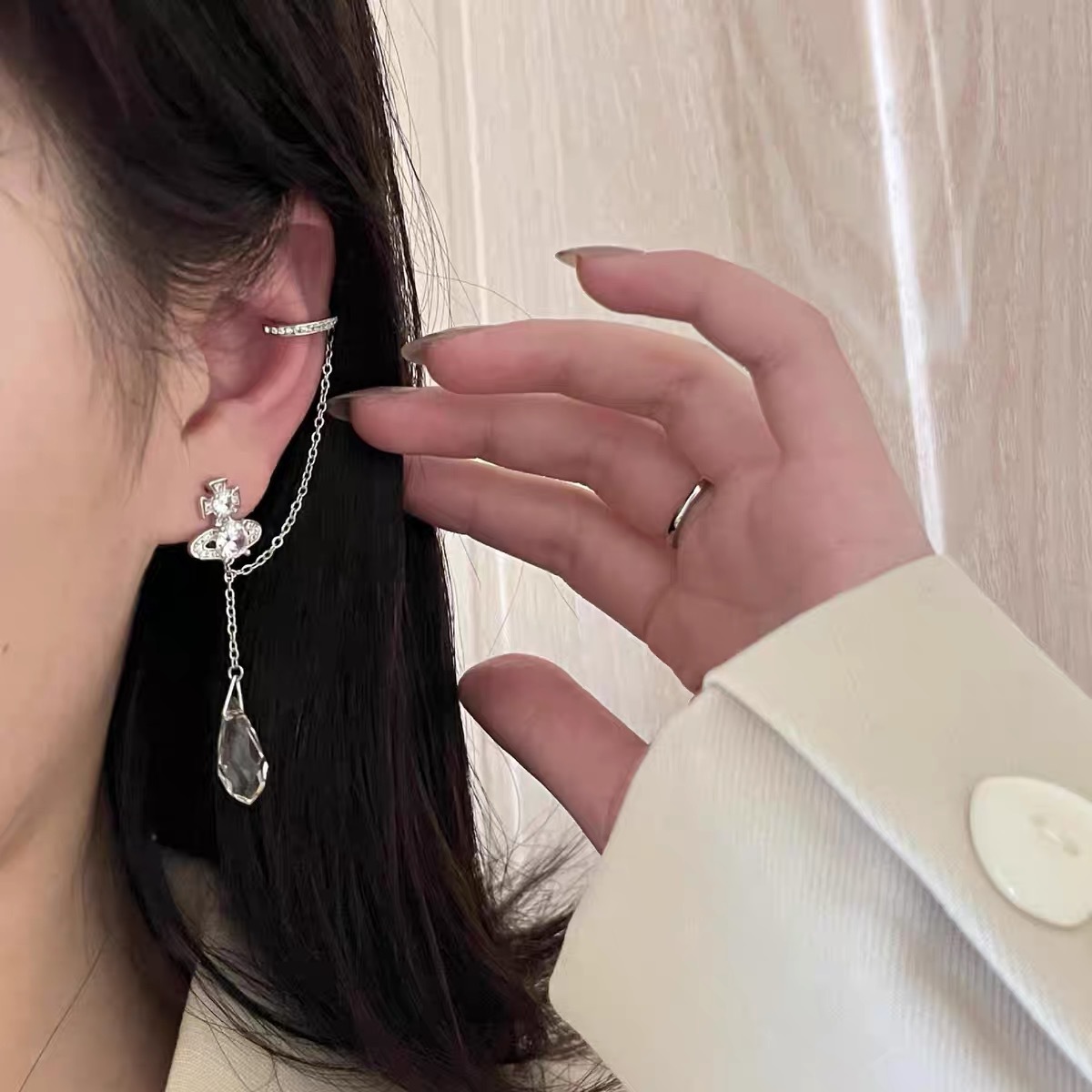 Vivienne Westwood Climber Ear cuff Saturn Waterdrop Crystal Earrings - Best Replica Jewelry™