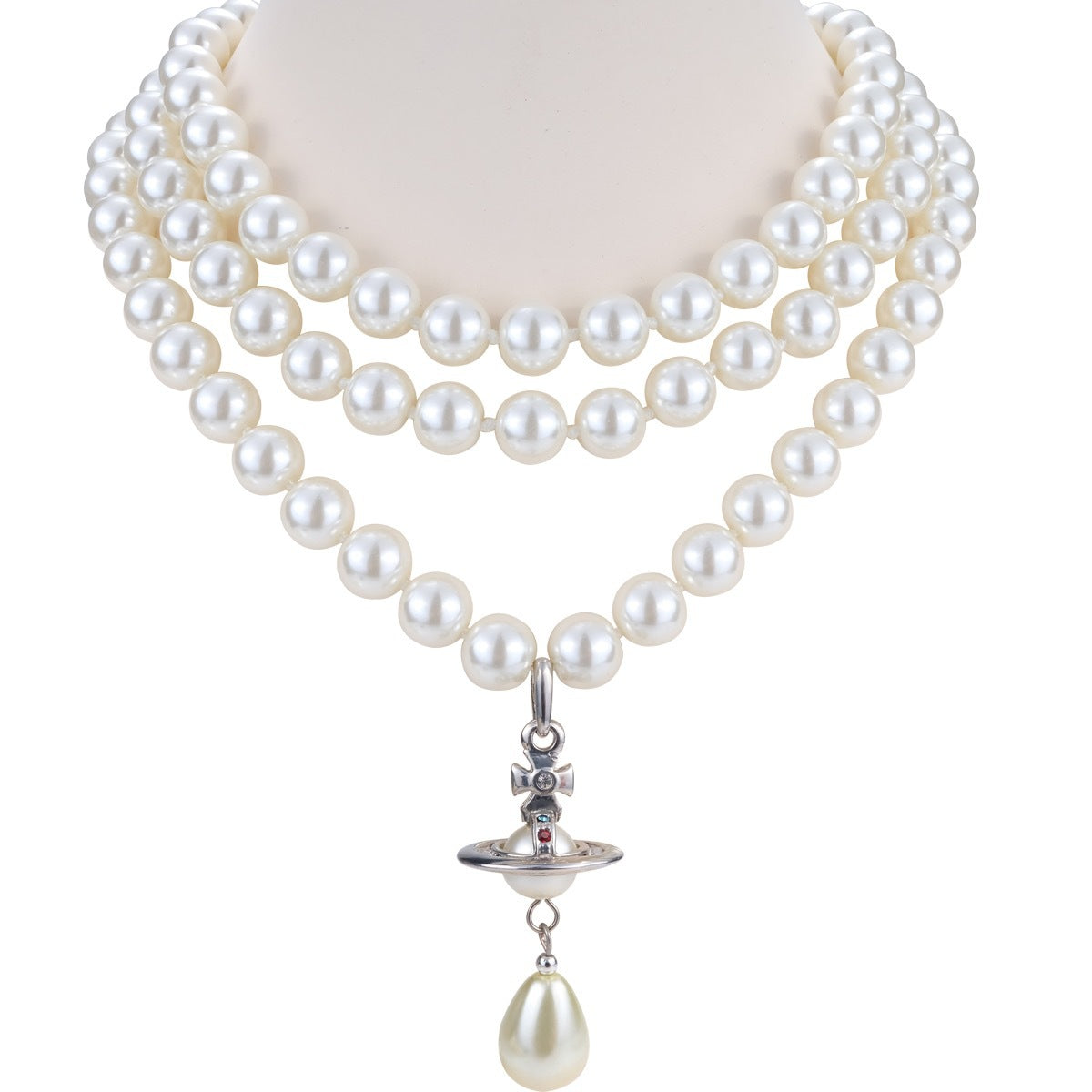 Vivienne Westwood Teardrop Saturn Three Row Pearl Necklace - Best Replica Jewelry™