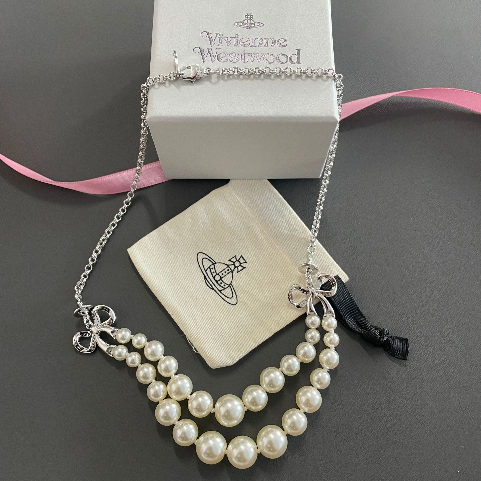 Vivienne Westwood Bow Knot 2 Row Pearl Necklace - Best Replica Jewelry™