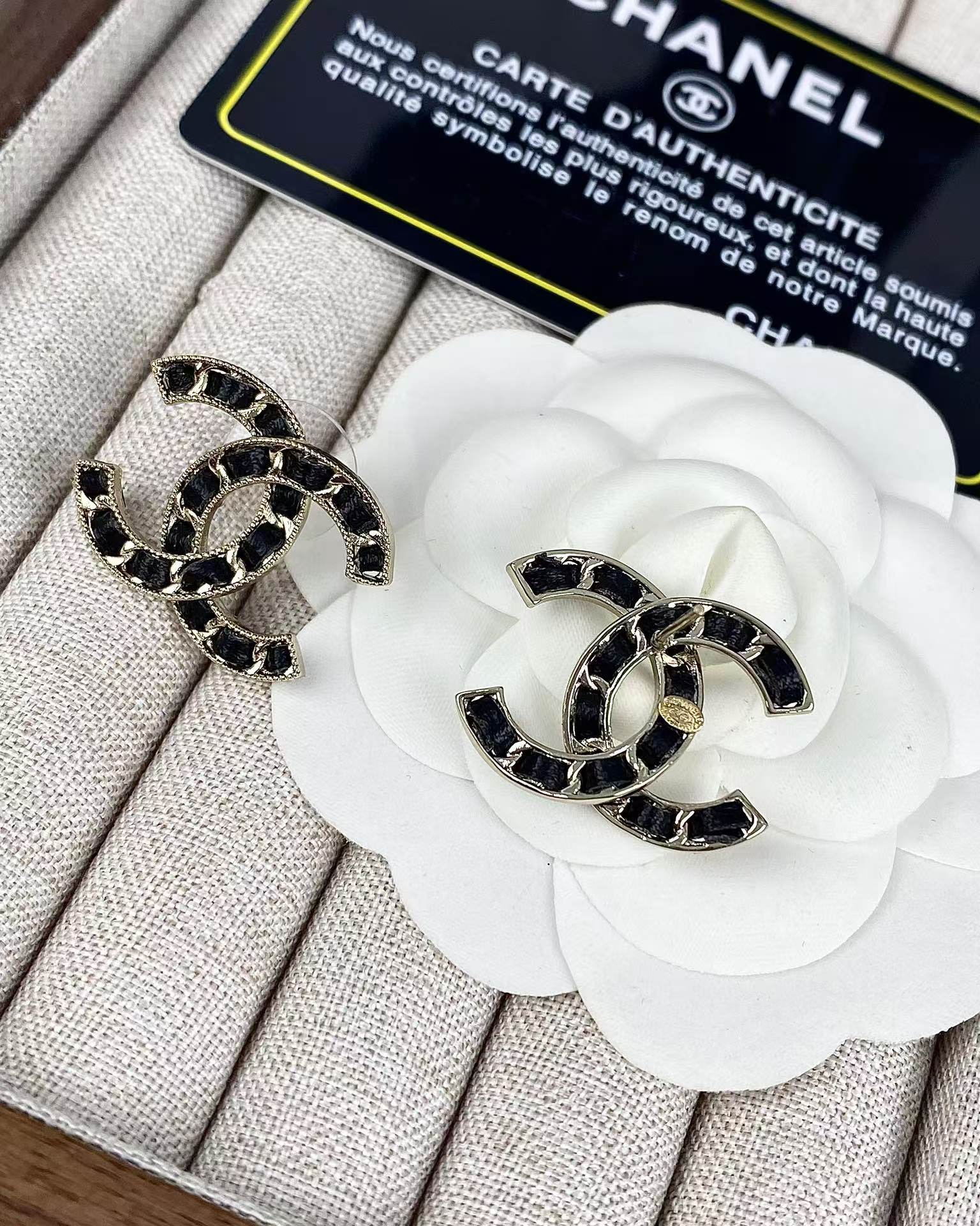 Chanel Light Gold & Black Leather Double C Earrings - Best Replica Jewelry™