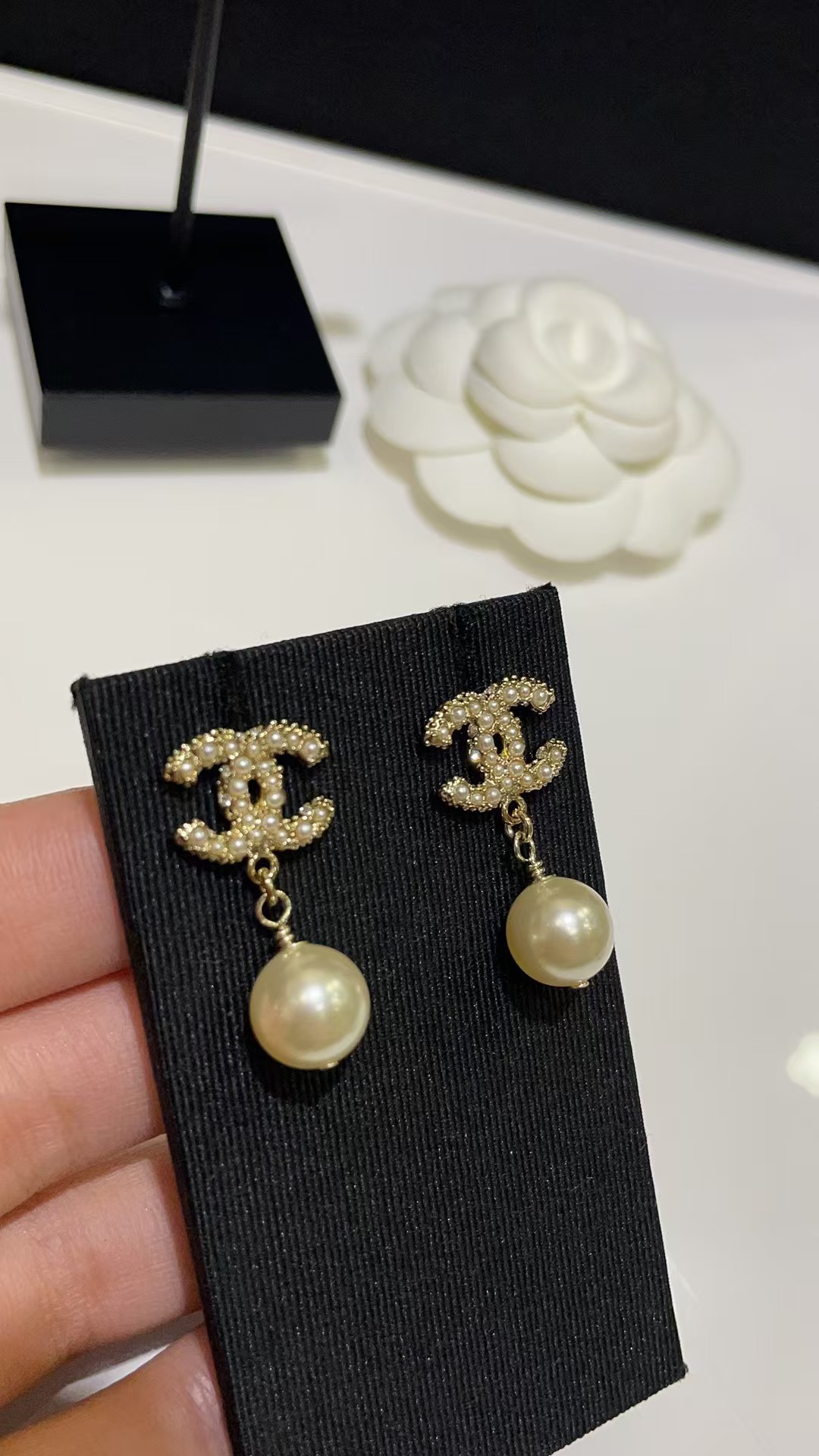 Chanel Double C with Pearl Drop Earrings - Best Replica Jewelry™