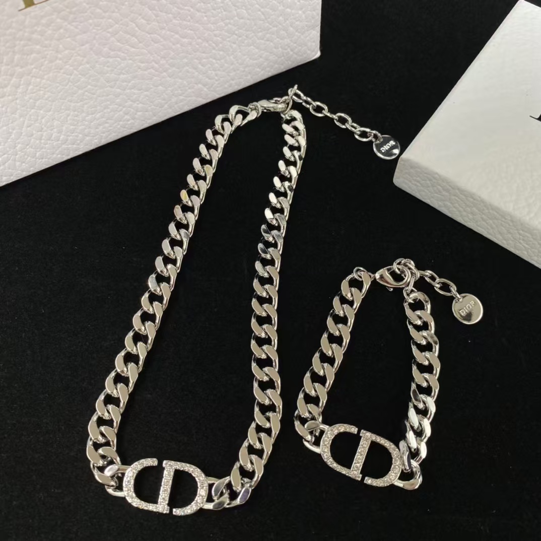 Dior Chunky Silver Cuban Chain CD Necklace Bracelet - Best Replica Jewelry™