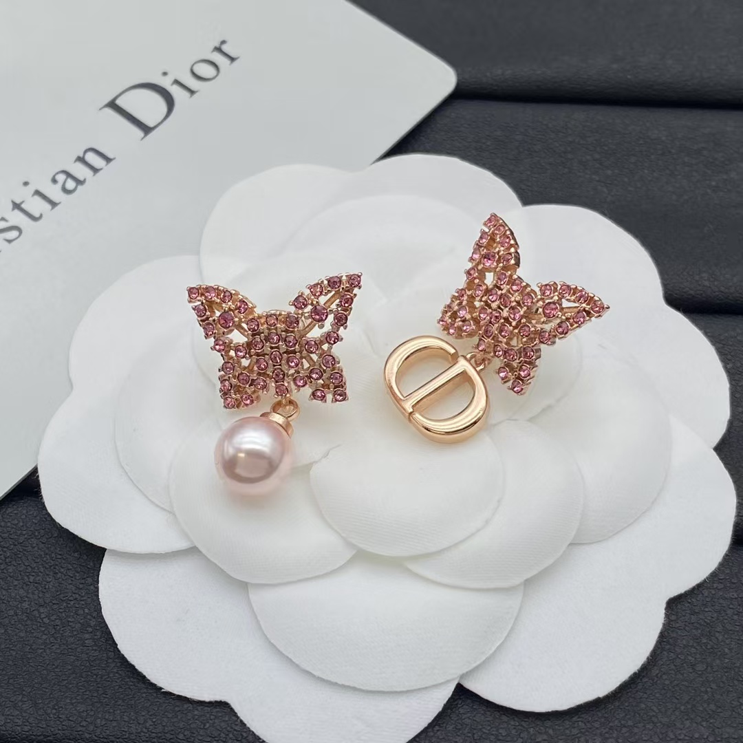 Dior Asymmetric Rose Gold-Finish Pink Butterfly Earrings - Best Replica Jewelry™