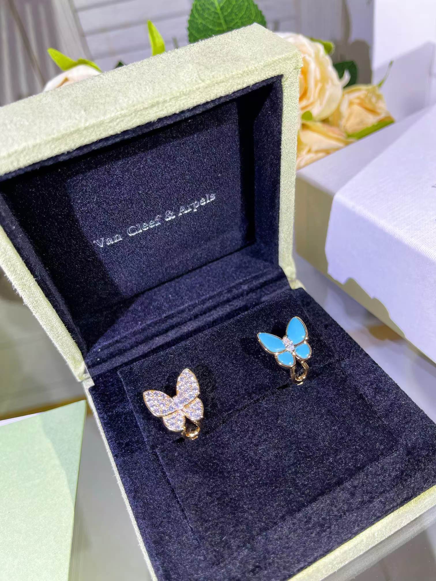 VCA Blue & Diamond Two Butterfly Earrings - Best Replica Jewelry™