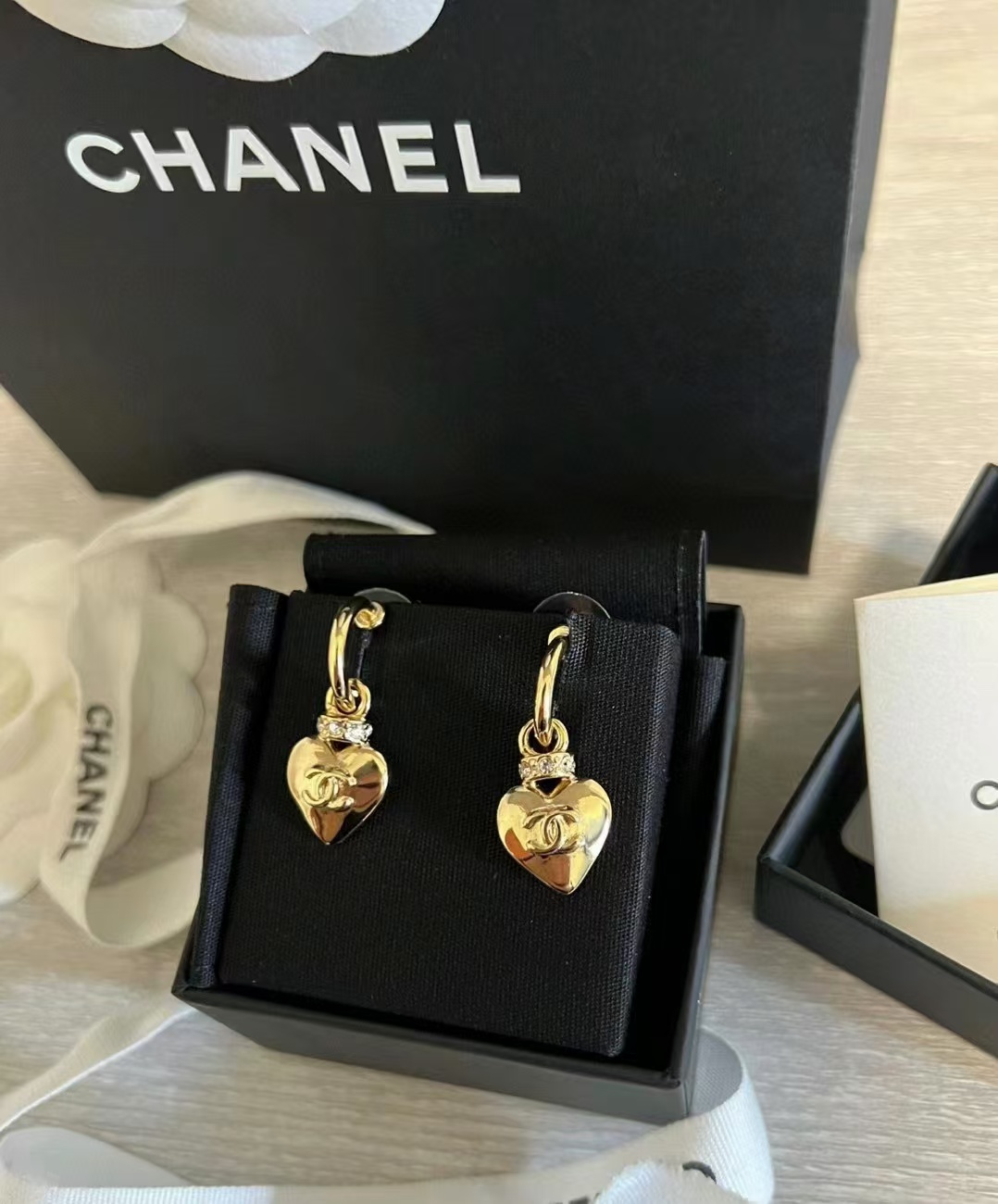Chanel Gold Hoop with Heart Dangle Earrings - Best Replica Jewelry™