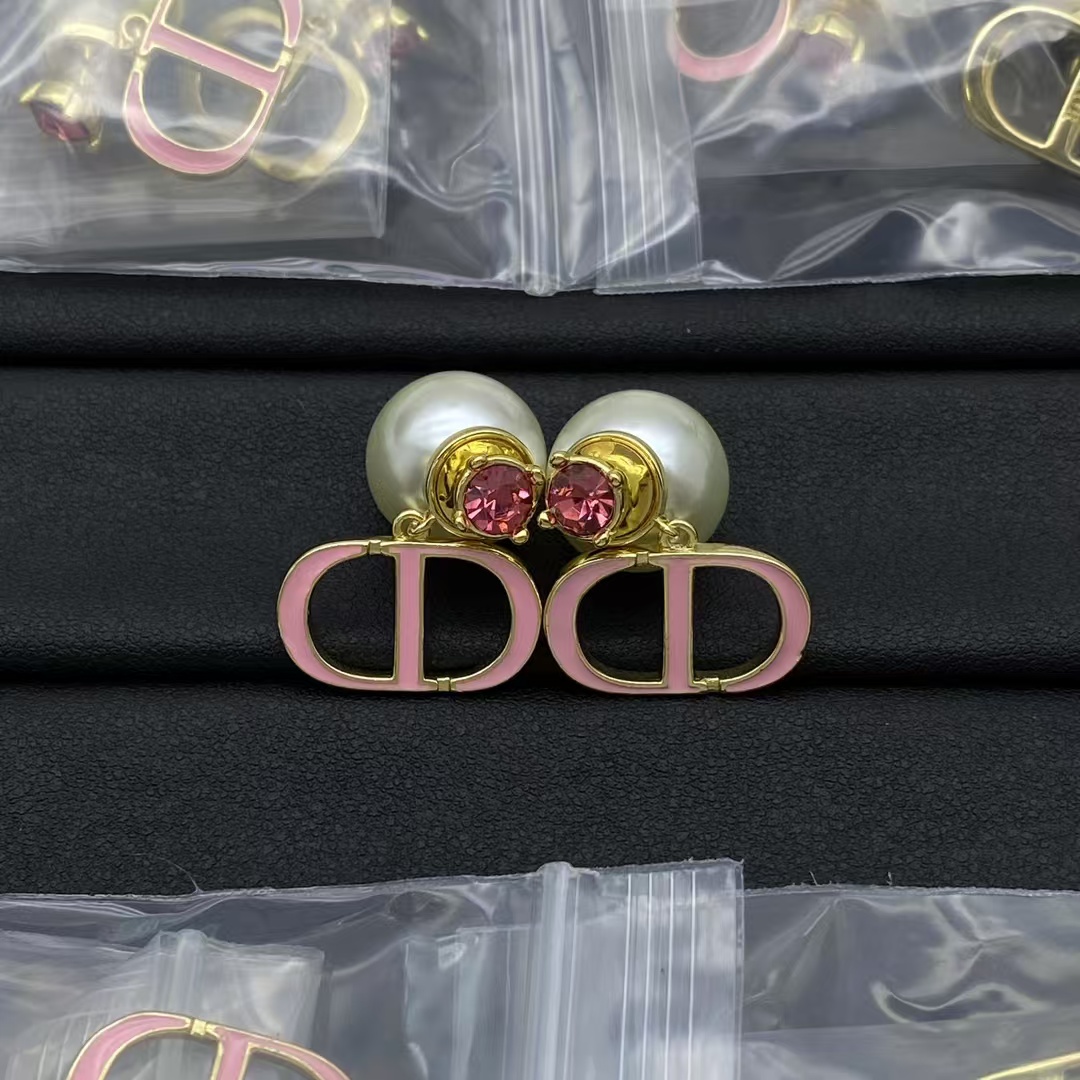 Dior Pink Enamel Pink Diamond Pearl Earrings - Best Replica Jewelry™