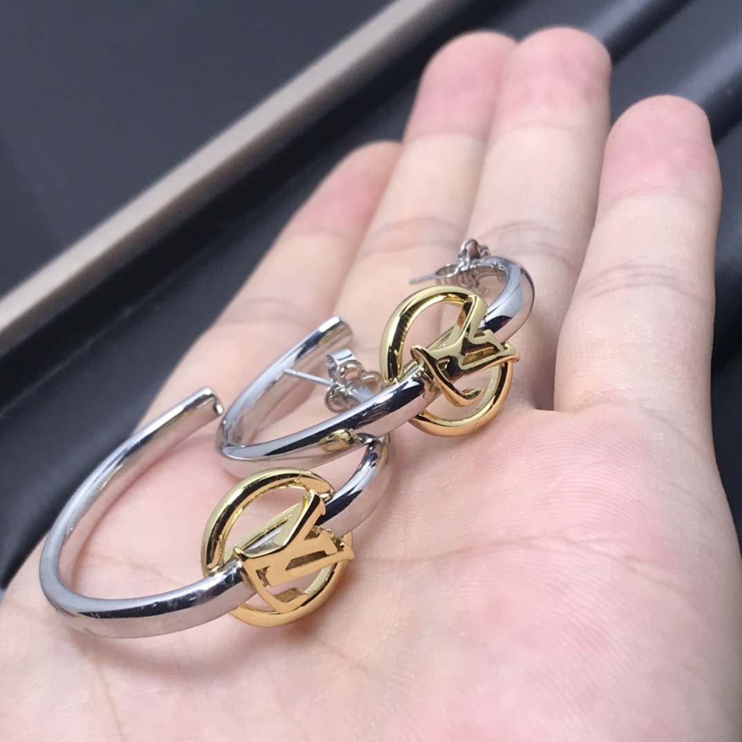 Louis Vuitton Large Half Mixed Metal Color Hoop Earrings - Best Replica Jewelry™