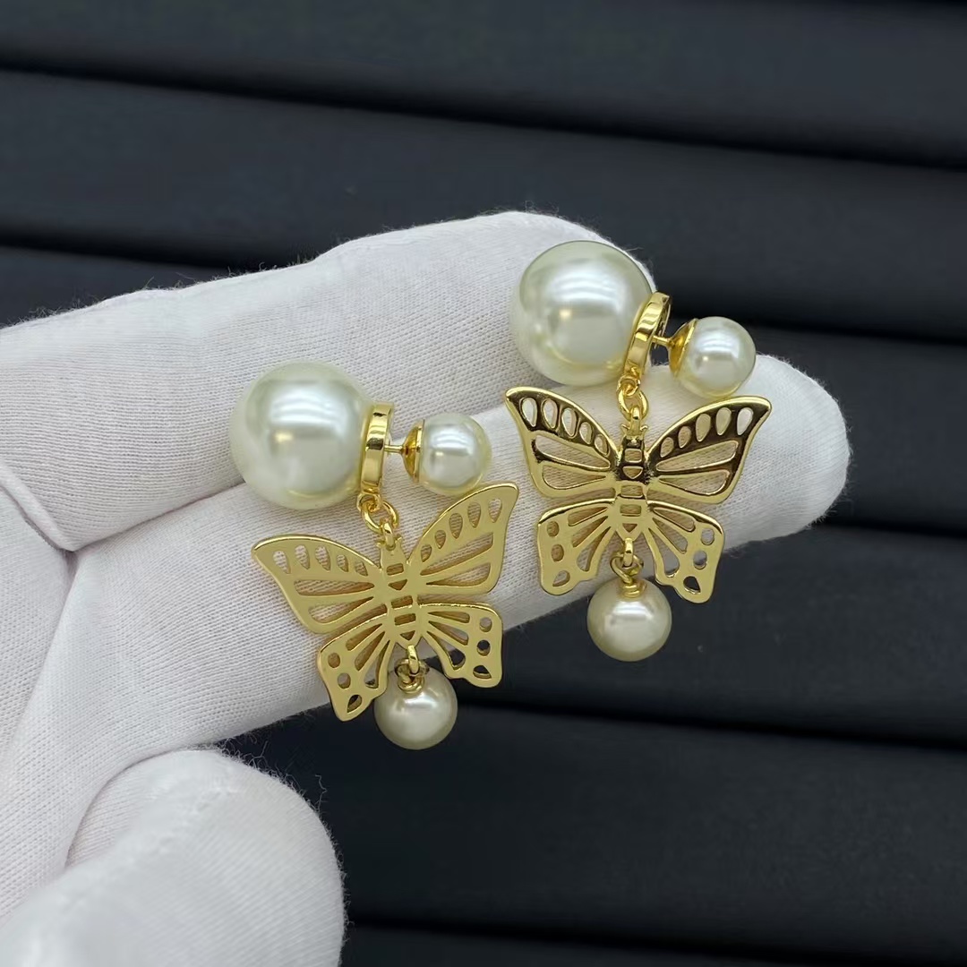 Dior Gold Butterfly Pearl Drop Earrings - Best Replica Jewelry™