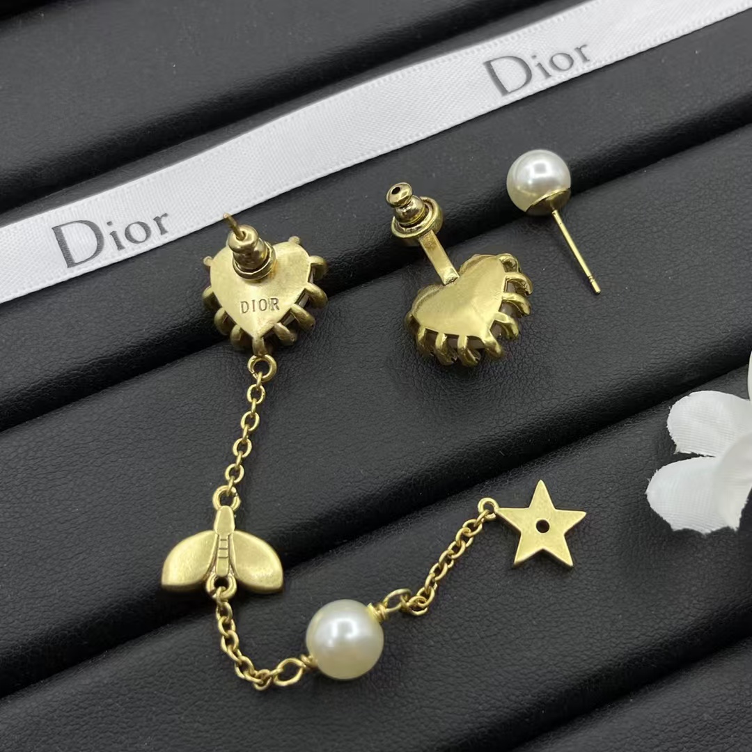 Dior Asymmetric Bee Heart Stud Long Drop Star Earrings - Best Replica Jewelry™