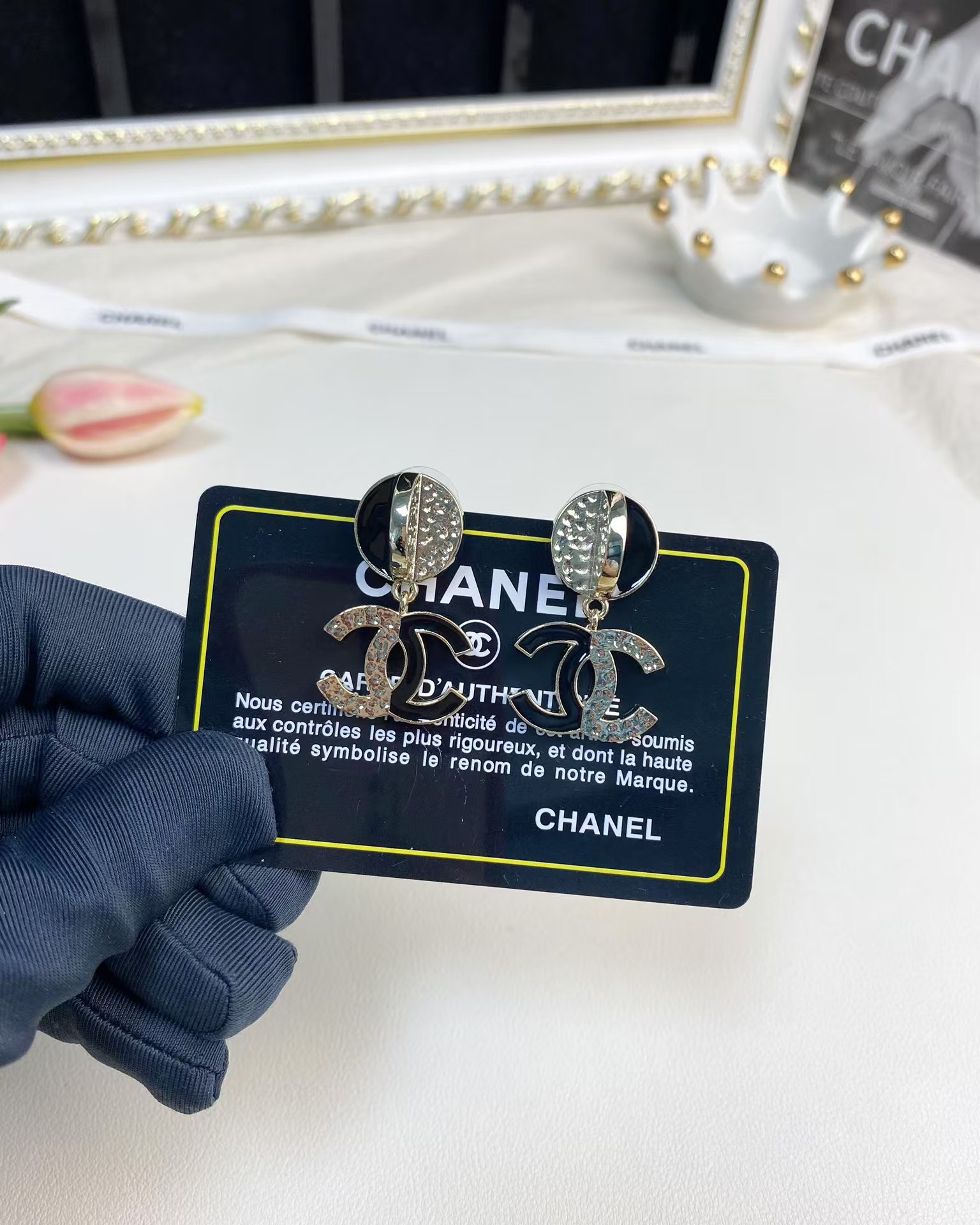 Chanel Half Black Enamel Double C Dangle Earrings - Best Replica Jewelry™