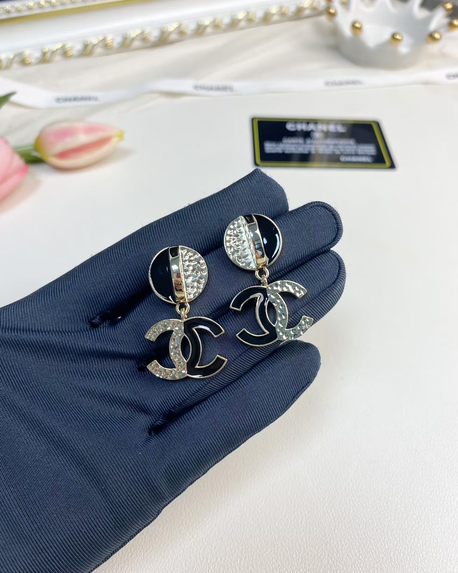 Chanel Half Black Enamel Double C Dangle Earrings - Best Replica Jewelry™