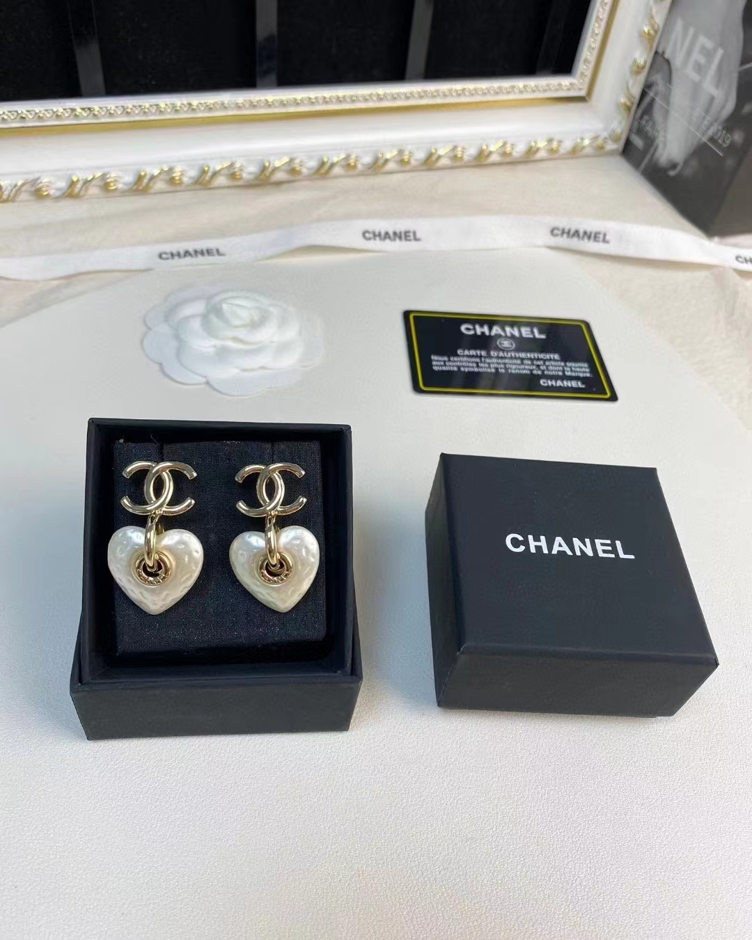 Chanel White Love Heart Double C Earrings - Best Replica Jewelry™