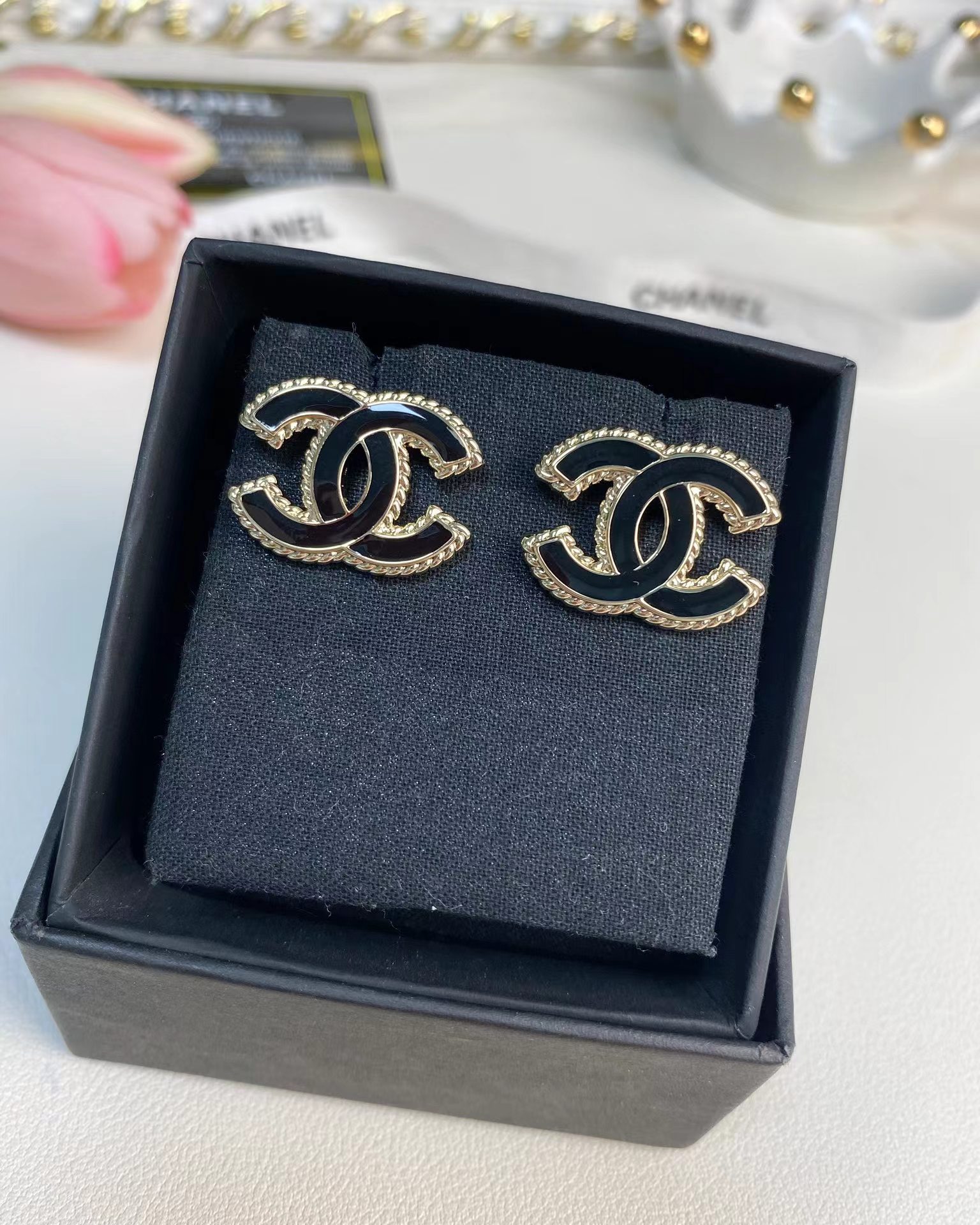 Chanel Gold Edge Black Double C Earring - Best Replica Jewelry™