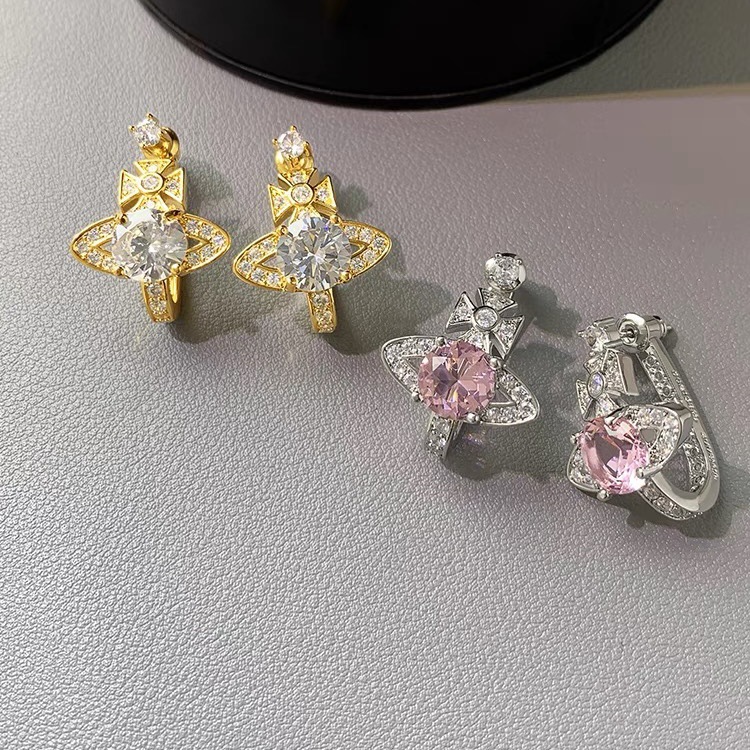 Vivienne Westwood Pink White Diamond Saturn Earrings - Best Replica Jewelry™