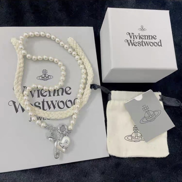 Vivienne Westwood Heart Paperclip Saturn Pearl Necklace - Best Replica Jewelry™