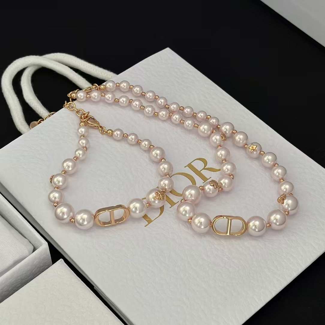 Dior Rose Gold- Finish Vintage Pearl Necklace - Best Replica Jewelry™
