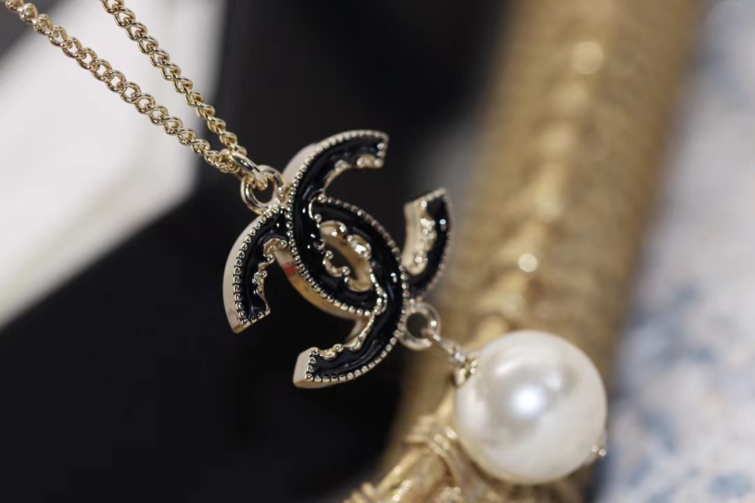 Chanel Black Double C Pearl Drop Pendant Necklace - Best Replica Jewelry™