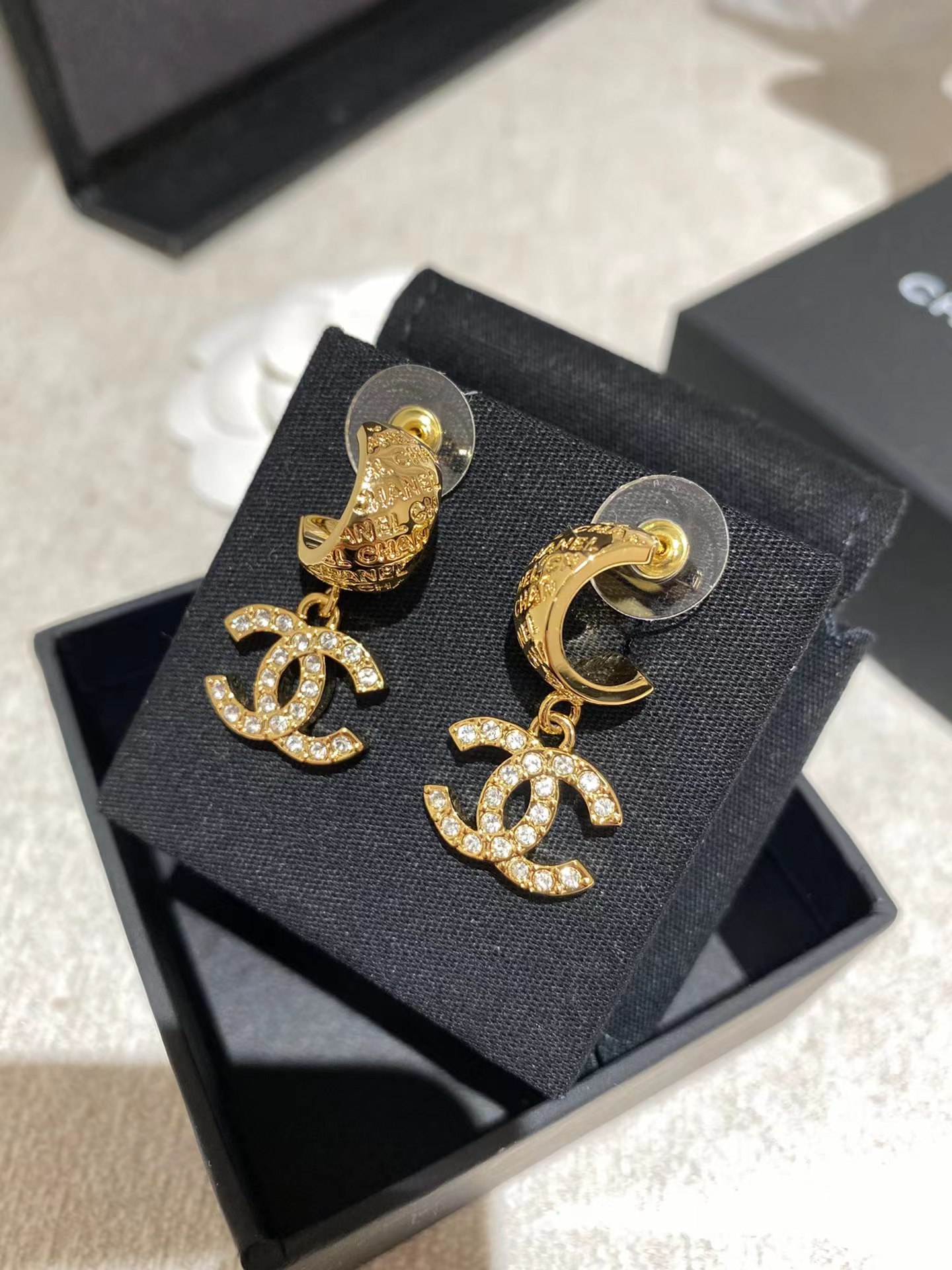 Chanel Gold Color Double C Dangle Earrings - Best Replica Jewelry™
