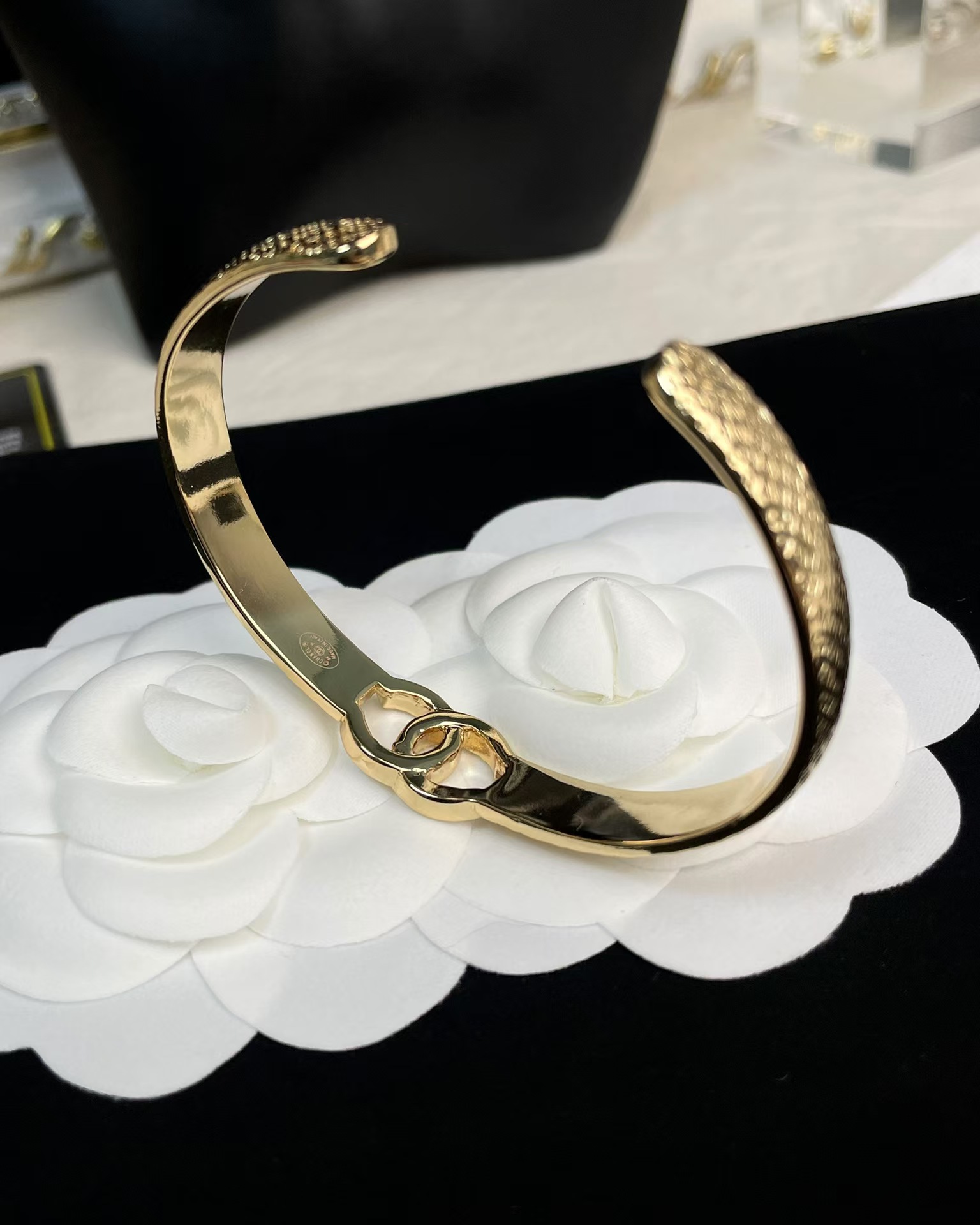 Chanel Hollow Diamond Paved Double C Open Bangle Bracelet - Best Replica Jewelry™