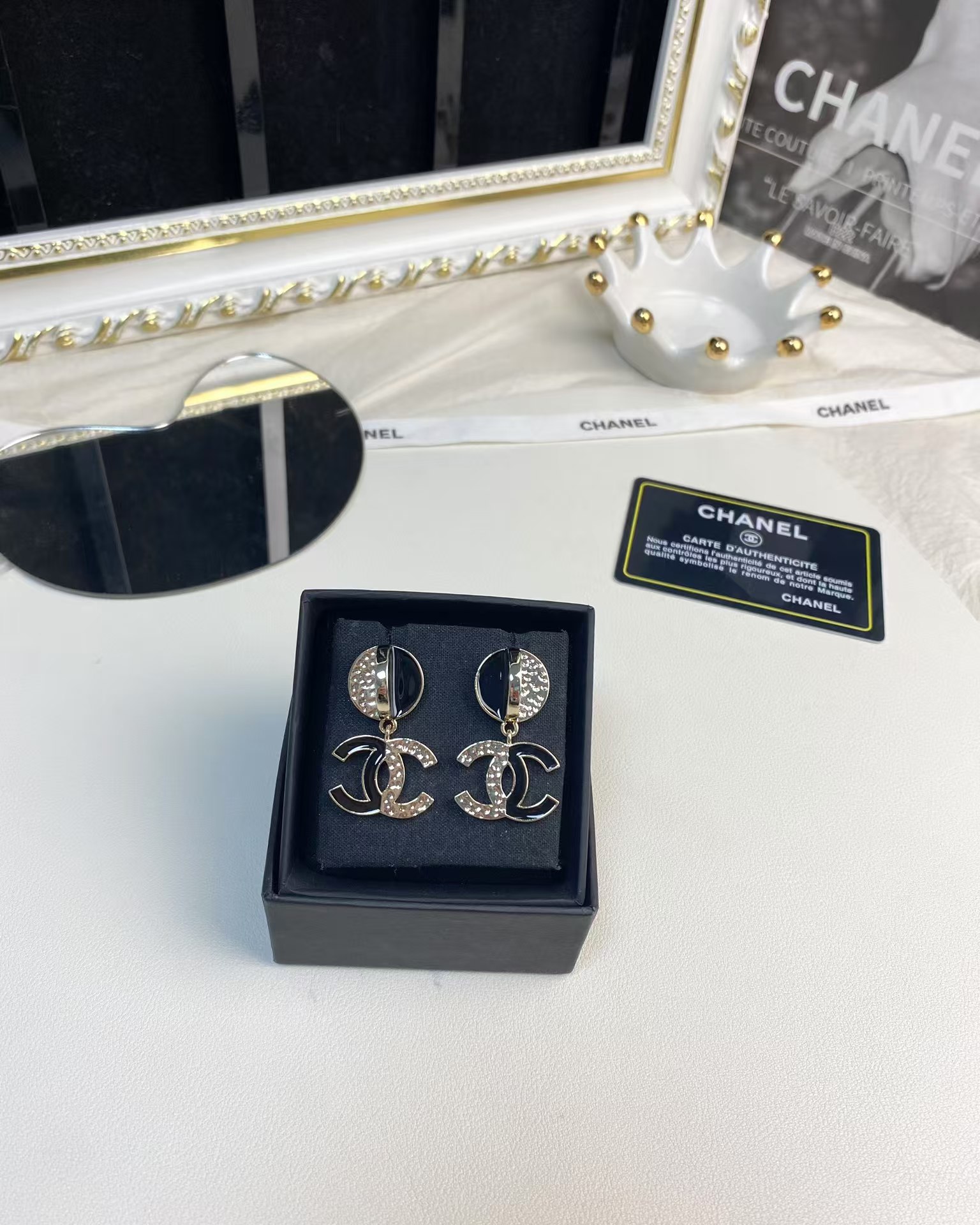 Chanel Half Black Enamel Double C Dangle Earrings - Best Replica Jewelry™