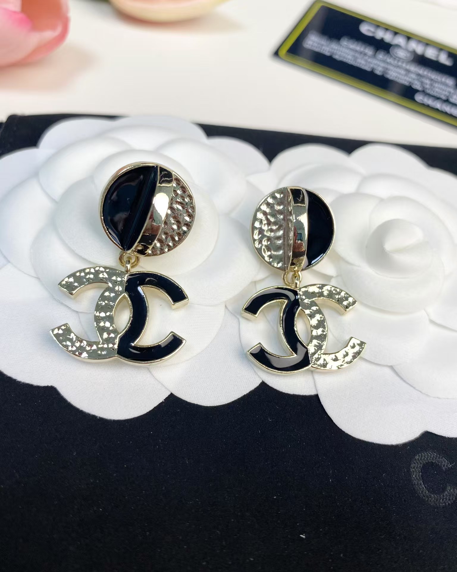Chanel Half Black Enamel Double C Dangle Earrings - Best Replica Jewelry™
