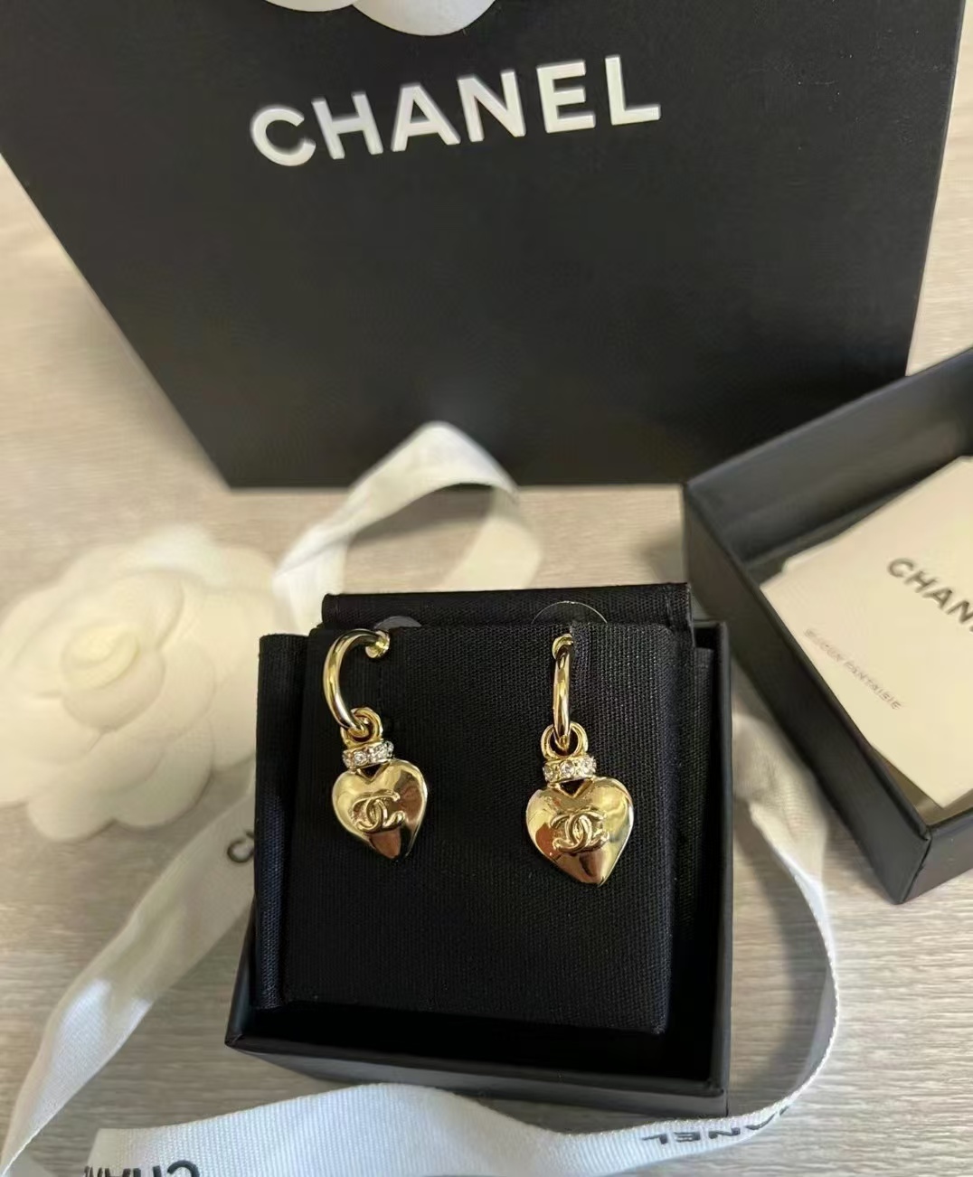Chanel Gold Hoop with Heart Dangle Earrings - Best Replica Jewelry™