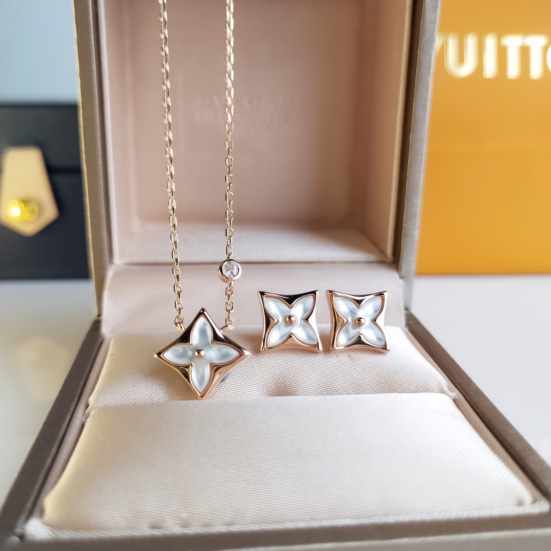 Louis Vuitton Rose Gold White Mother of Pearl Blossom Earrings Necklace - Best Replica Jewelry™