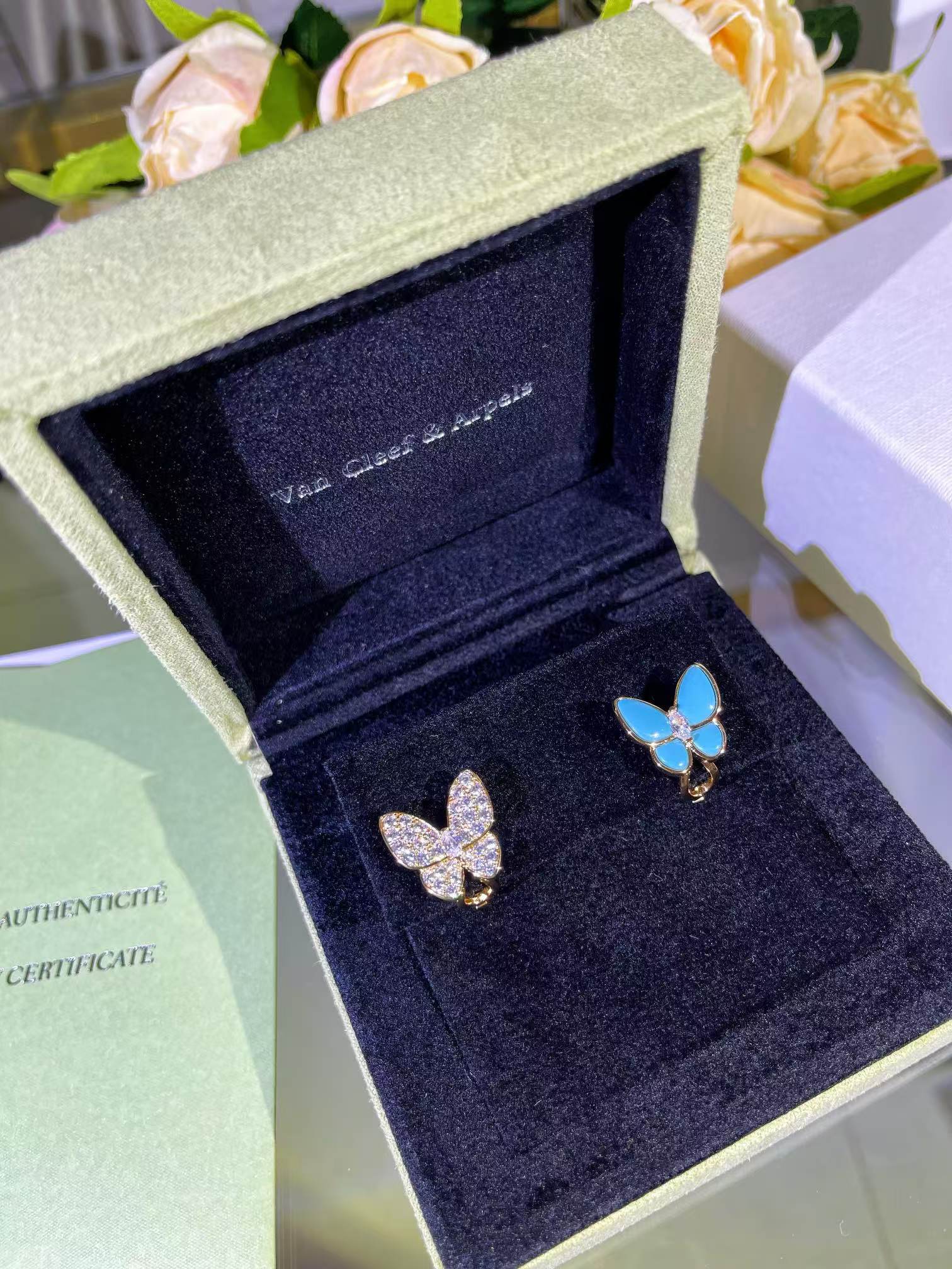 VCA Blue & Diamond Two Butterfly Earrings - Best Replica Jewelry™