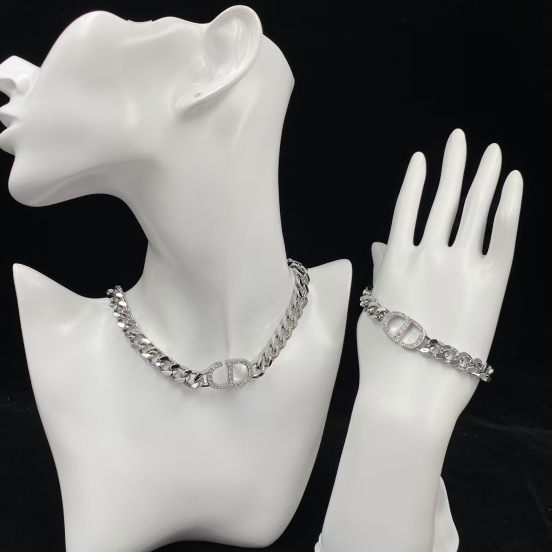 Dior Chunky Silver Cuban Chain CD Necklace Bracelet - Best Replica Jewelry™